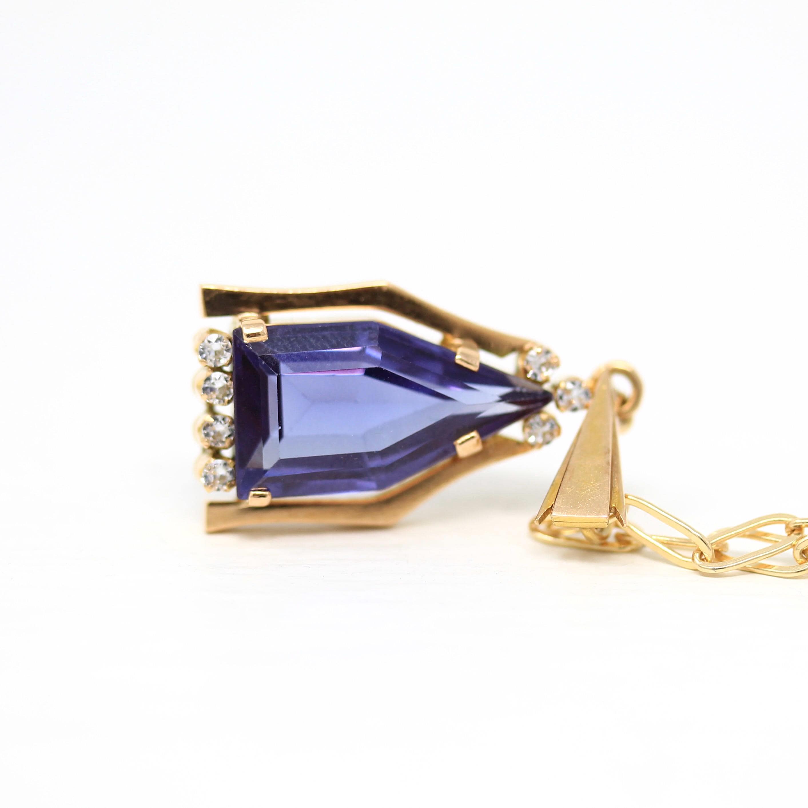 Created Color Change Sapphire Necklace - Retro 14k Yellow Gold Fancy Step Cut Purple Gem Pendant - Vintage Circa 1940s Fine Fashion Jewelry