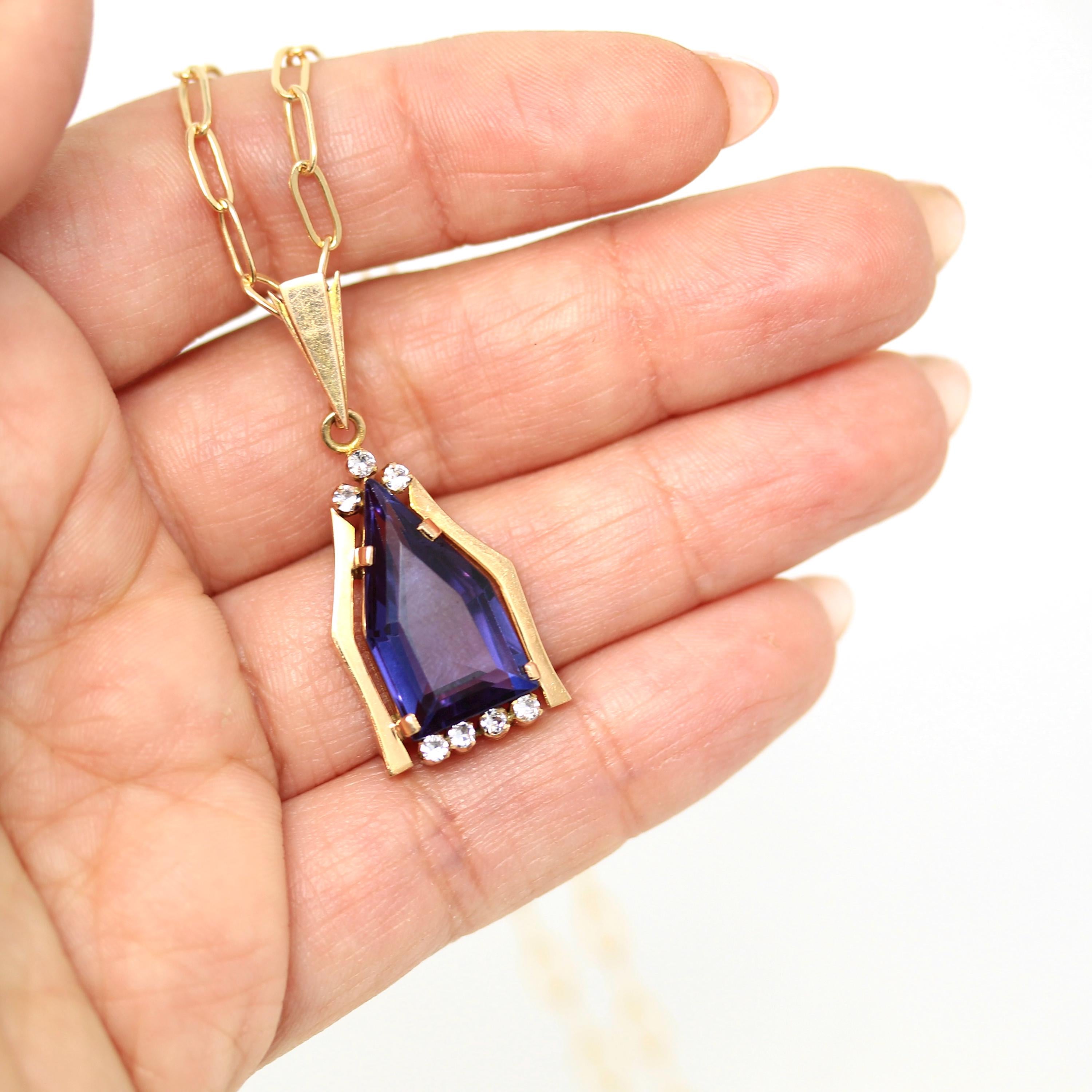Created Color Change Sapphire Necklace - Retro 14k Yellow Gold Fancy Step Cut Purple Gem Pendant - Vintage Circa 1940s Fine Fashion Jewelry