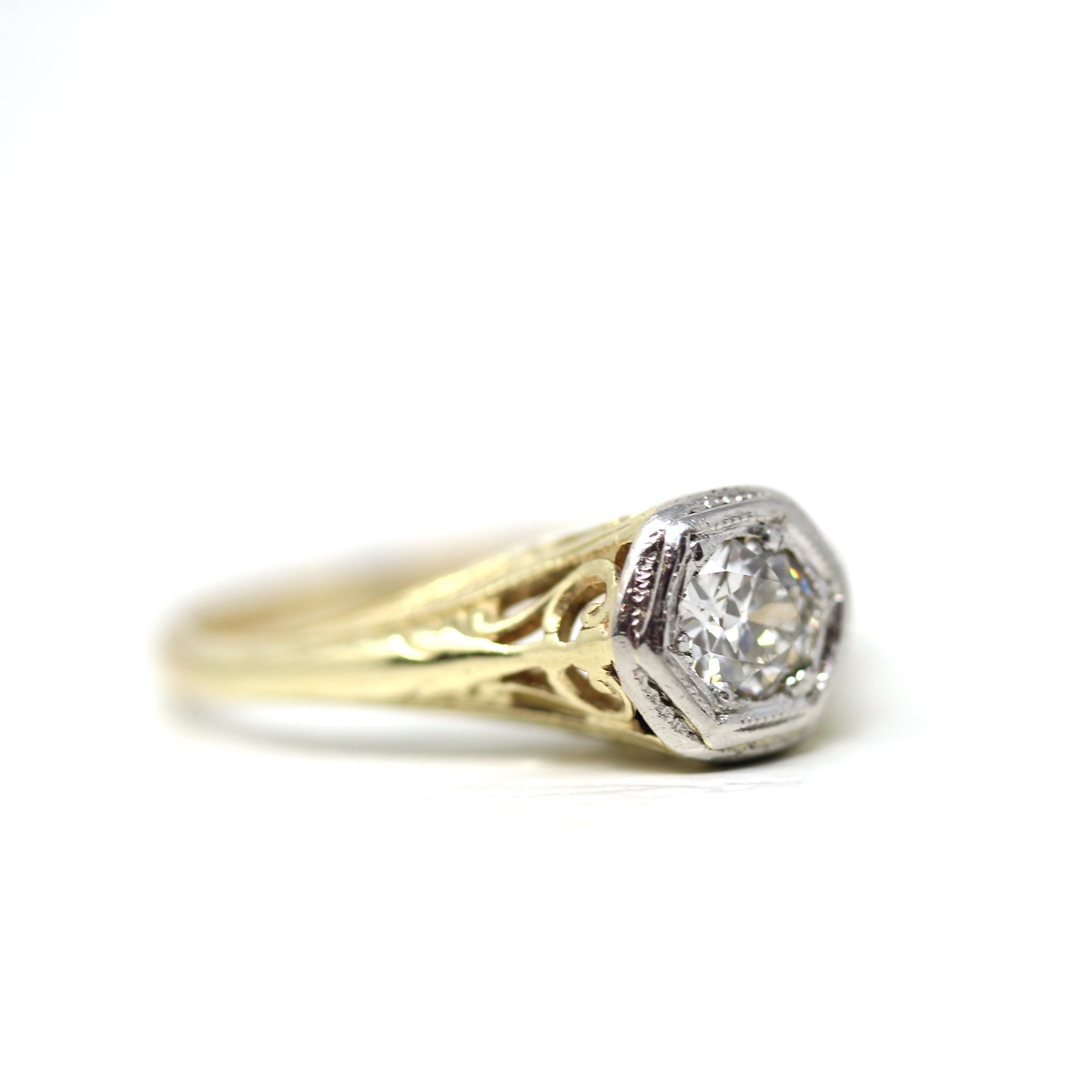 Art Deco Diamond Ring - Vintage 18k & Platinum Two Tone Natural Old European Cut Gem - Circa 1930s Size 6 Engagement Fine Filigree Jewelry