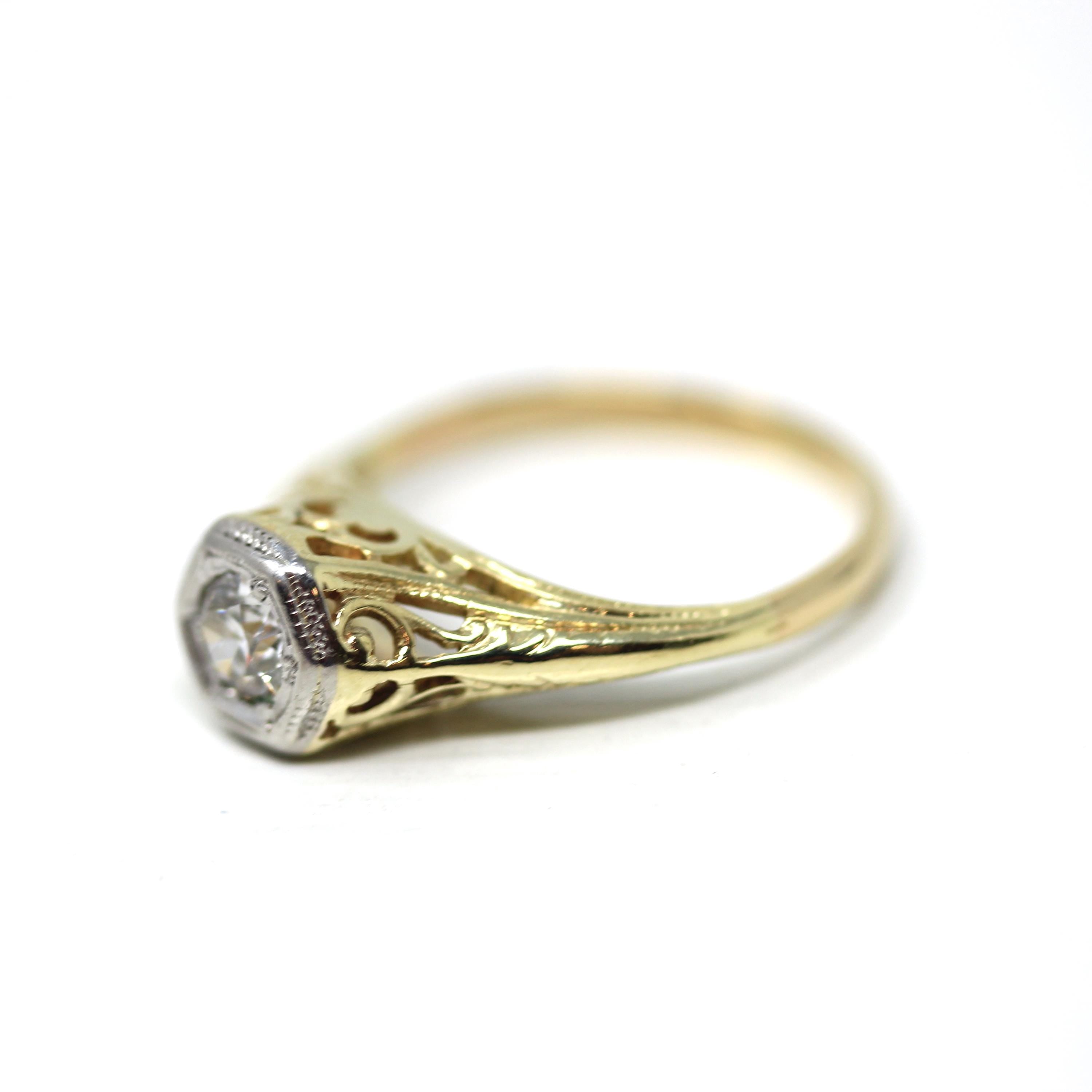Art Deco Diamond Ring - Vintage 18k & Platinum Two Tone Natural Old European Cut Gem - Circa 1930s Size 6 Engagement Fine Filigree Jewelry