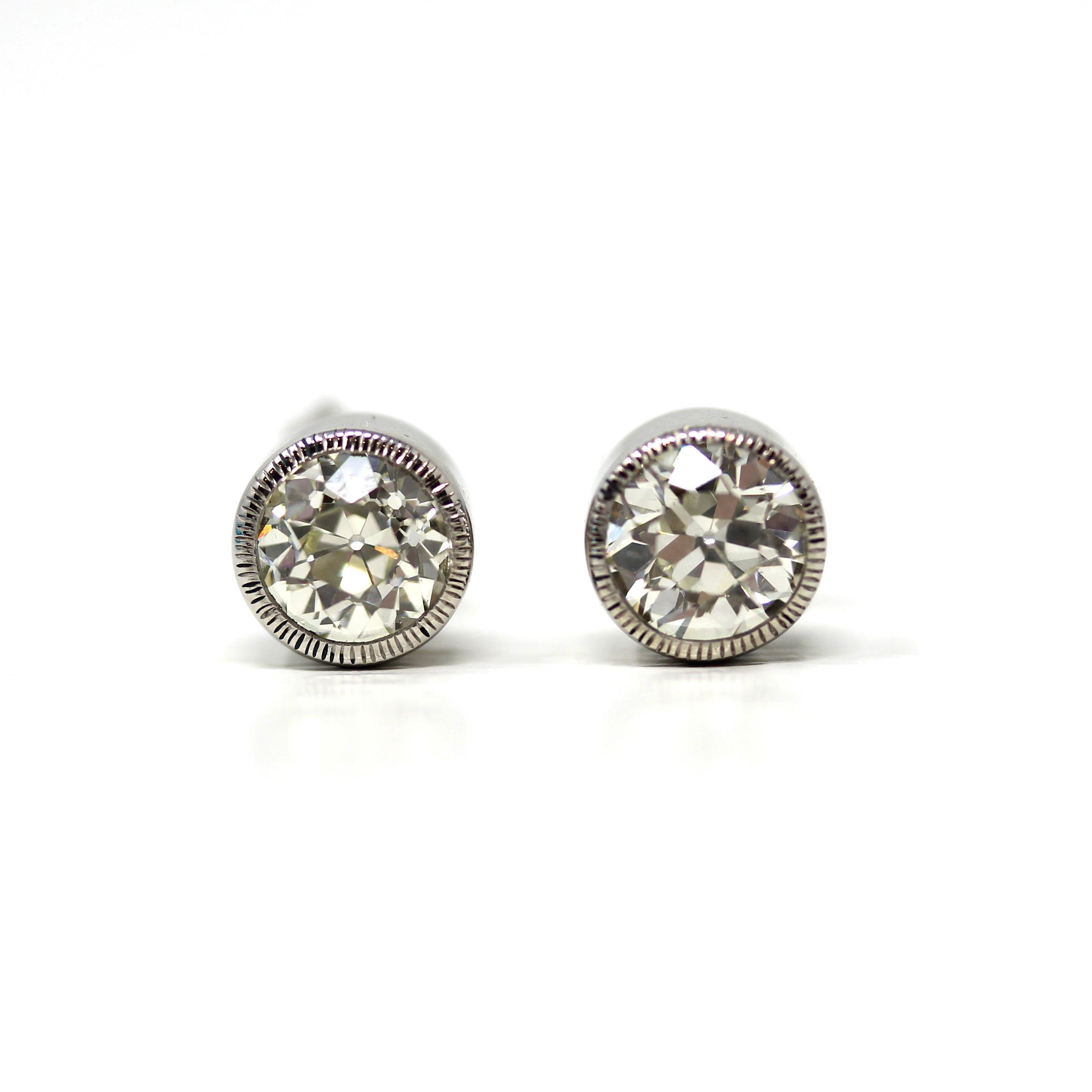 Antique Diamond Earrings - Custom 14k White Gold 2.03 CTW M Color VS2 Clarity Natural Old European Cuts - Bezel Stud Fine Diamond Jewelry