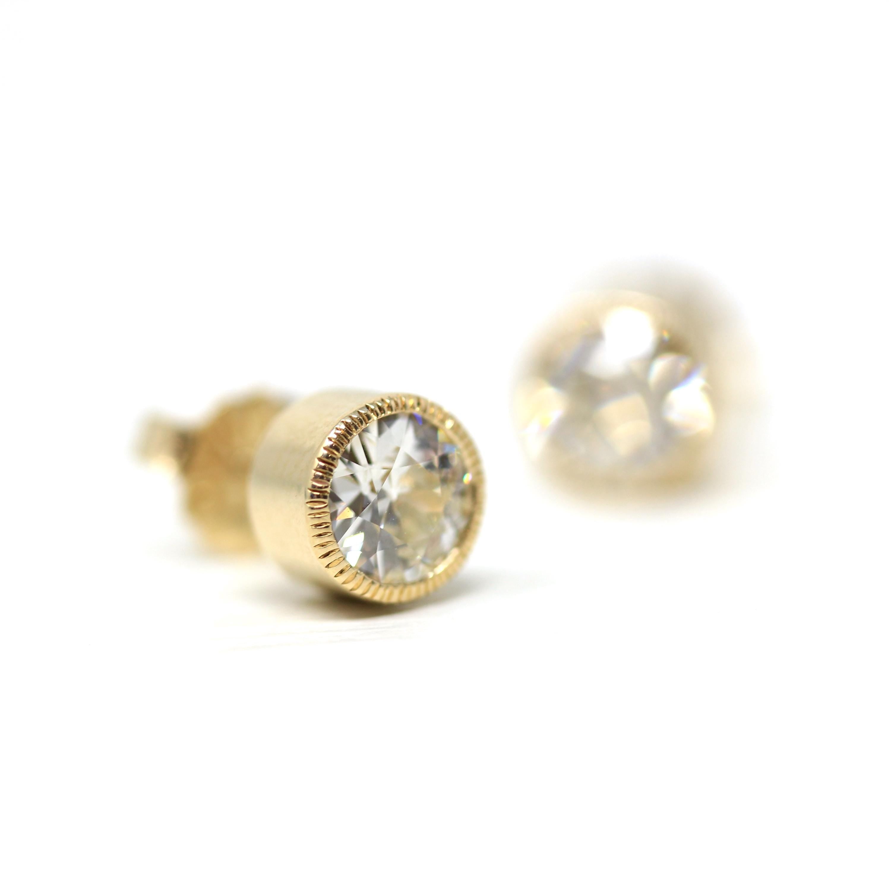 Antique Diamond Earrings - Custom 14k Yellow Gold 1.18 CTW L Color VS1 Clarity Natural Old European Cuts - Bezel Stud Fine Diamond Jewelry
