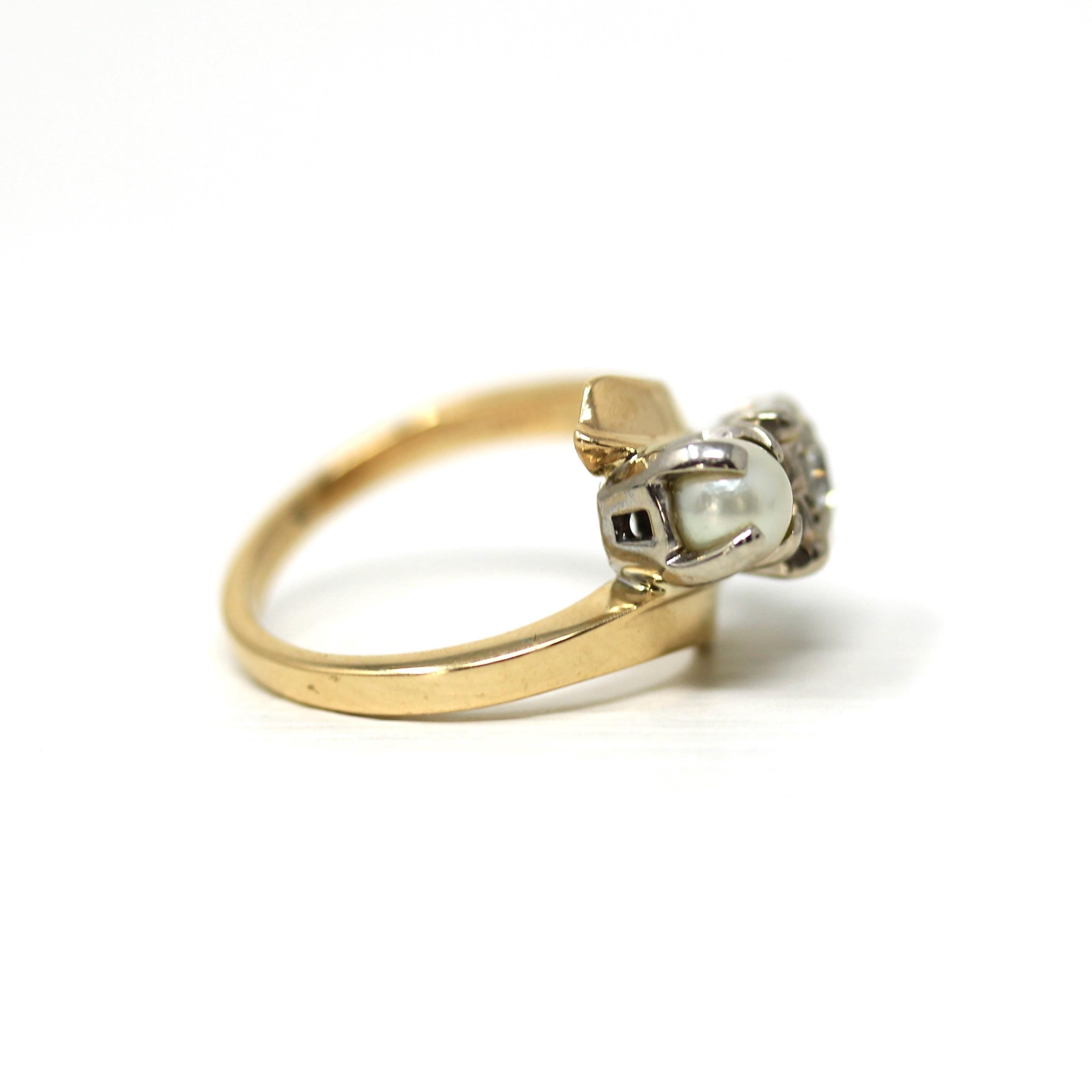Pearl & Diamond Ring - Retro 14k Two Tone Gold Two Gemstones Toi Et Moi Bypass - Vintage Circa 1940s Era Size 5 1/4 Fine Statement Jewelry