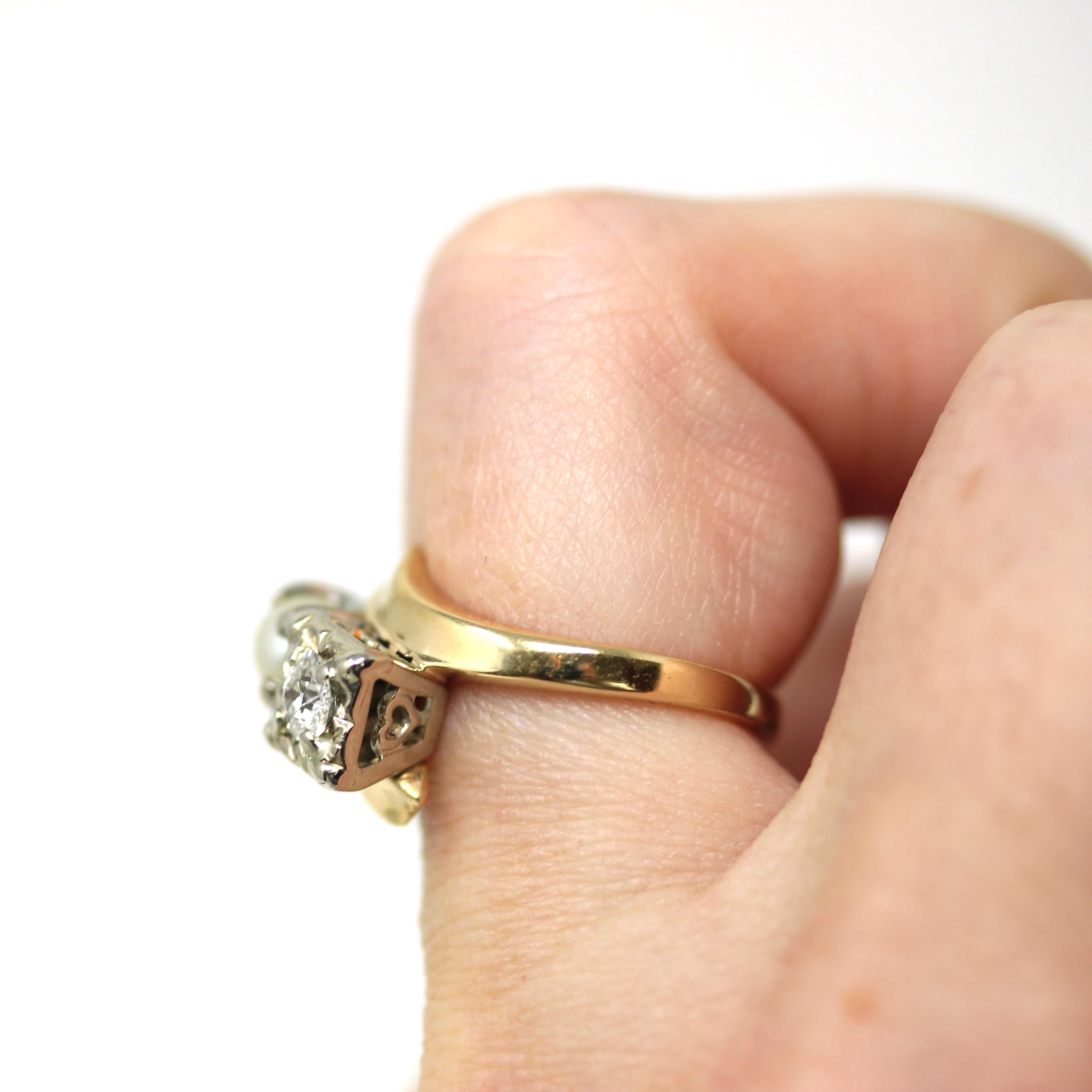 Pearl & Diamond Ring - Retro 14k Two Tone Gold Two Gemstones Toi Et Moi Bypass - Vintage Circa 1940s Era Size 5 1/4 Fine Statement Jewelry