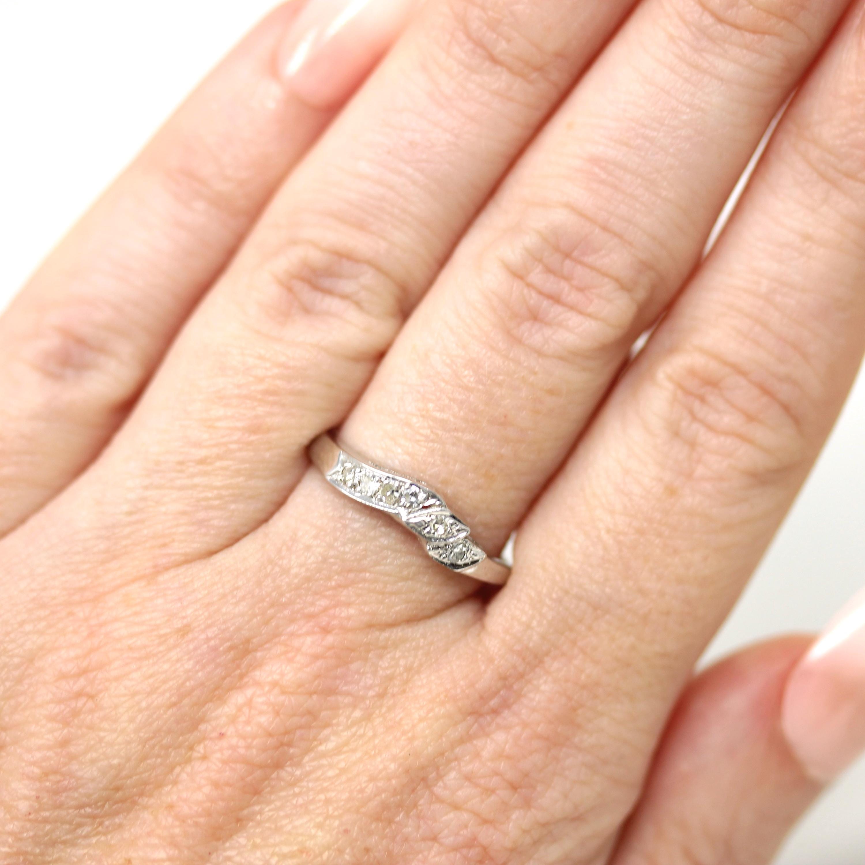 Vintage Wedding Band - Mid Century 14k White Gold 0.12 CTW Six Round Single Cut Diamond Ring - Circa 1950s Size 7 Fine Bridal Jewelry