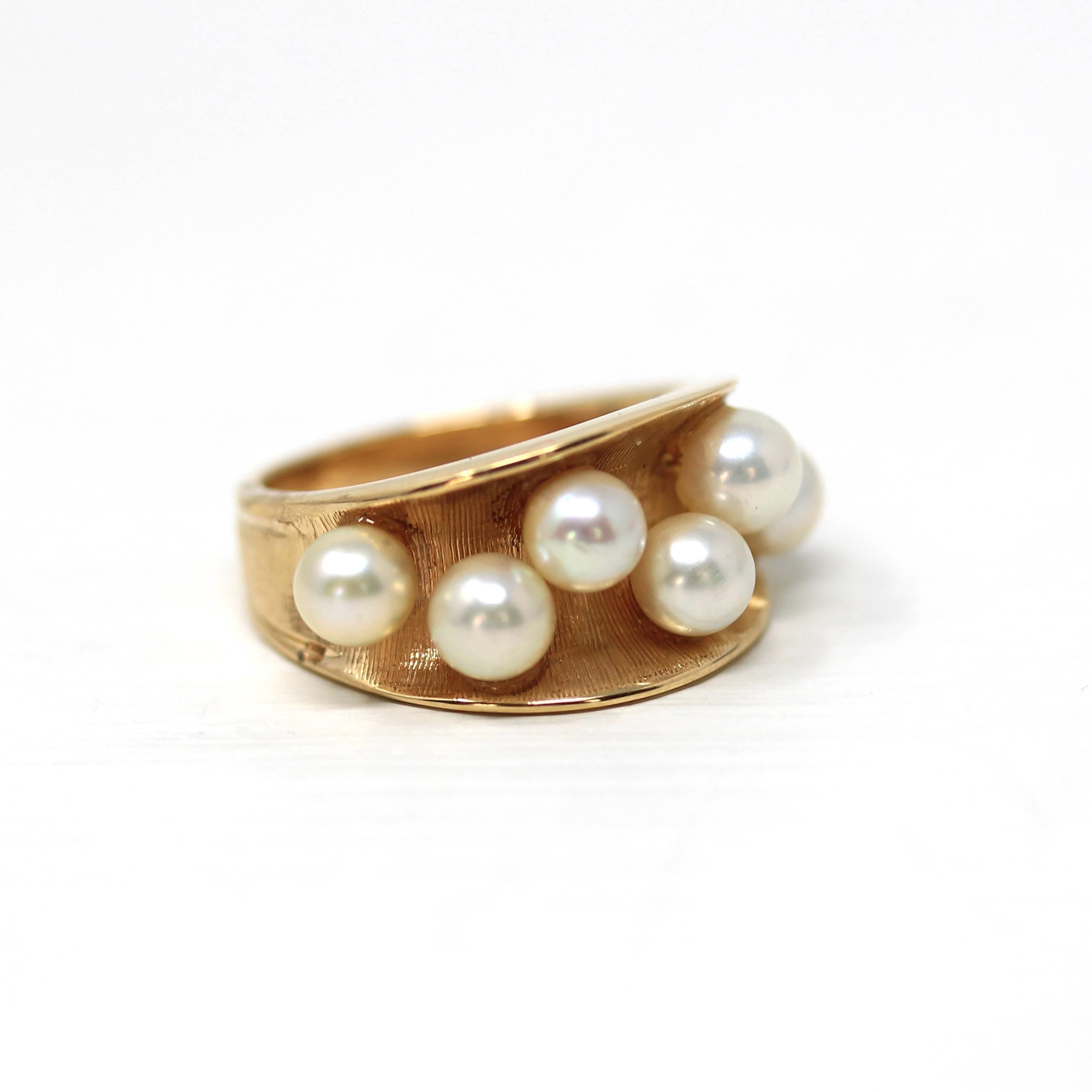 Retro Cultured Pearl Ring - Vintage 14k Yellow Gold Genuine Gemstones - Circa 1970s Era Size 6 3/4 June Birthstone Fine Statement Jewelry