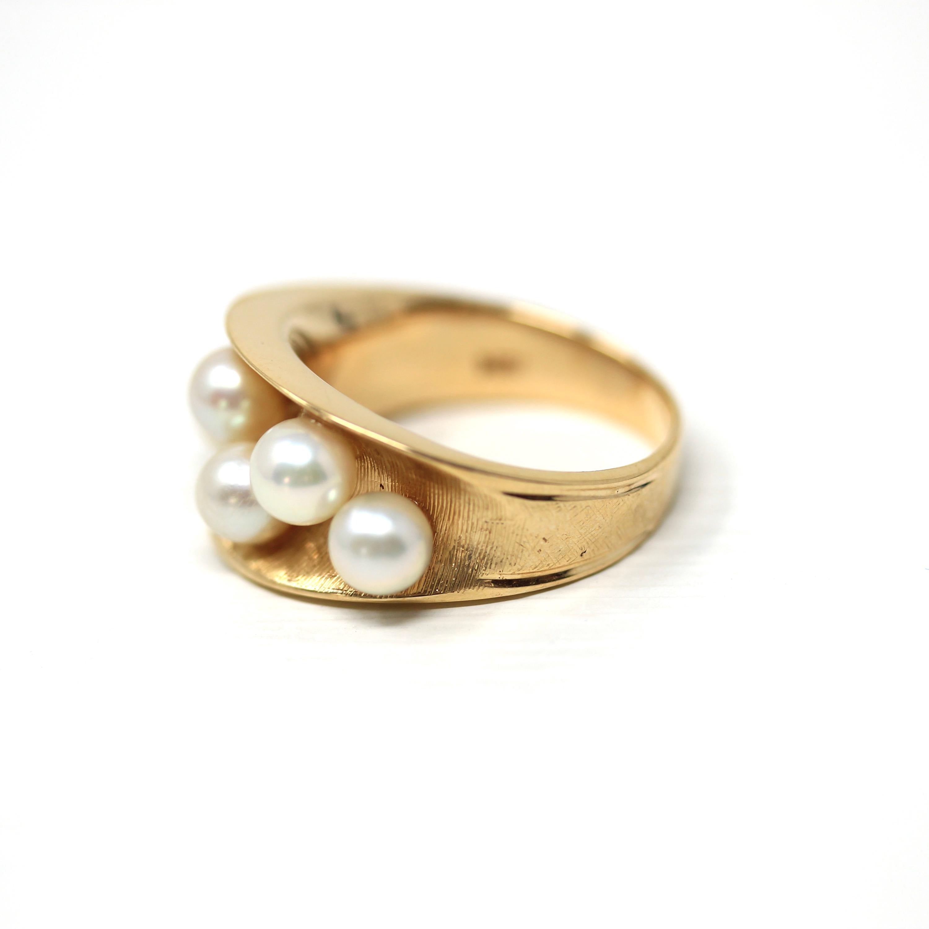 Retro Cultured Pearl Ring - Vintage 14k Yellow Gold Genuine Gemstones - Circa 1970s Era Size 6 3/4 June Birthstone Fine Statement Jewelry