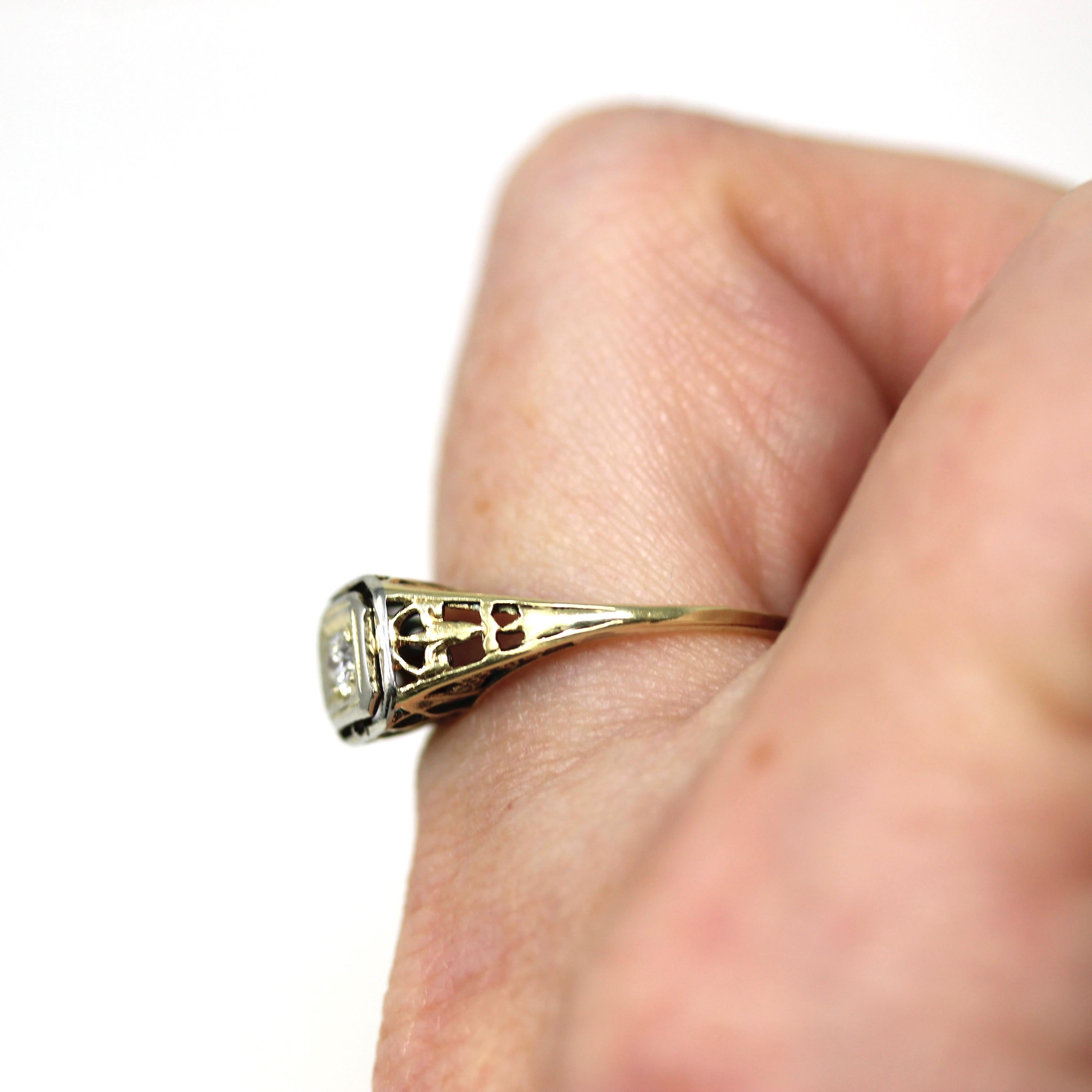 Art Deco Diamond Ring - Vintage 14k Yellow White Gold Floral Filigree Natural Gemstones - Circa 1930s Era Size 6 Engagement Two Tone Jewelry