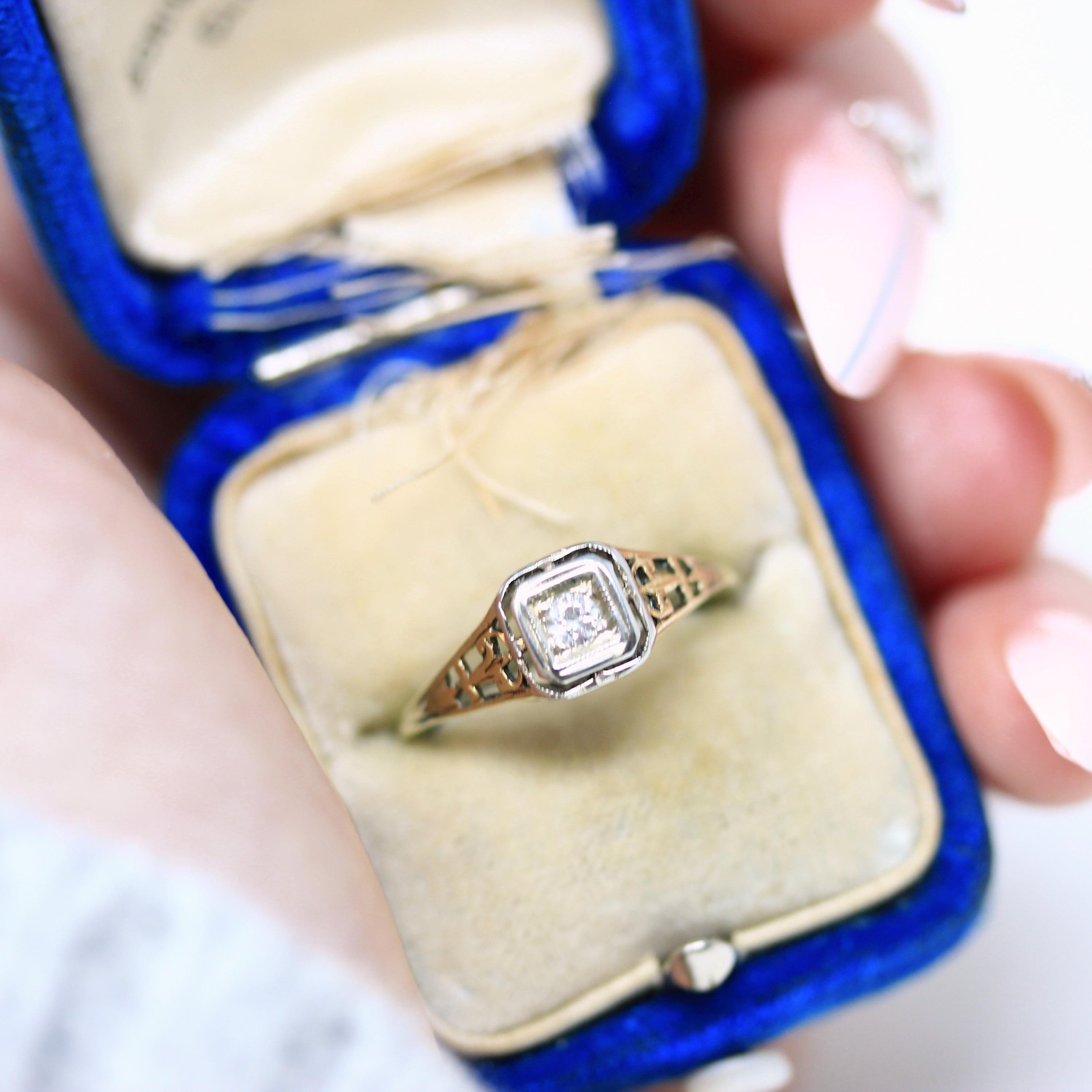 Art Deco Diamond Ring - Vintage 14k Yellow White Gold Floral Filigree Natural Gemstones - Circa 1930s Era Size 6 Engagement Two Tone Jewelry