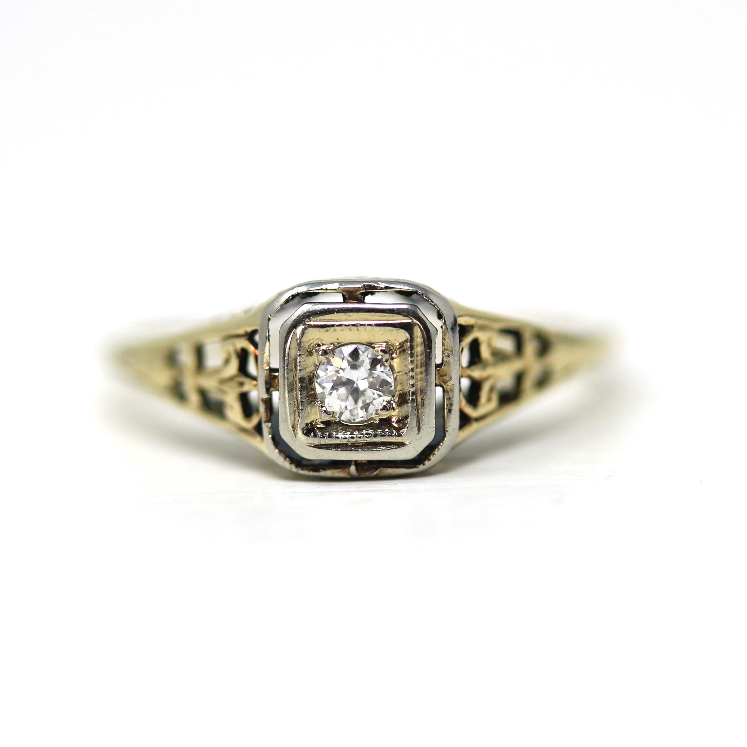 Art Deco Diamond Ring - Vintage 14k Yellow White Gold Floral Filigree Natural Gemstones - Circa 1930s Era Size 6 Engagement Two Tone Jewelry