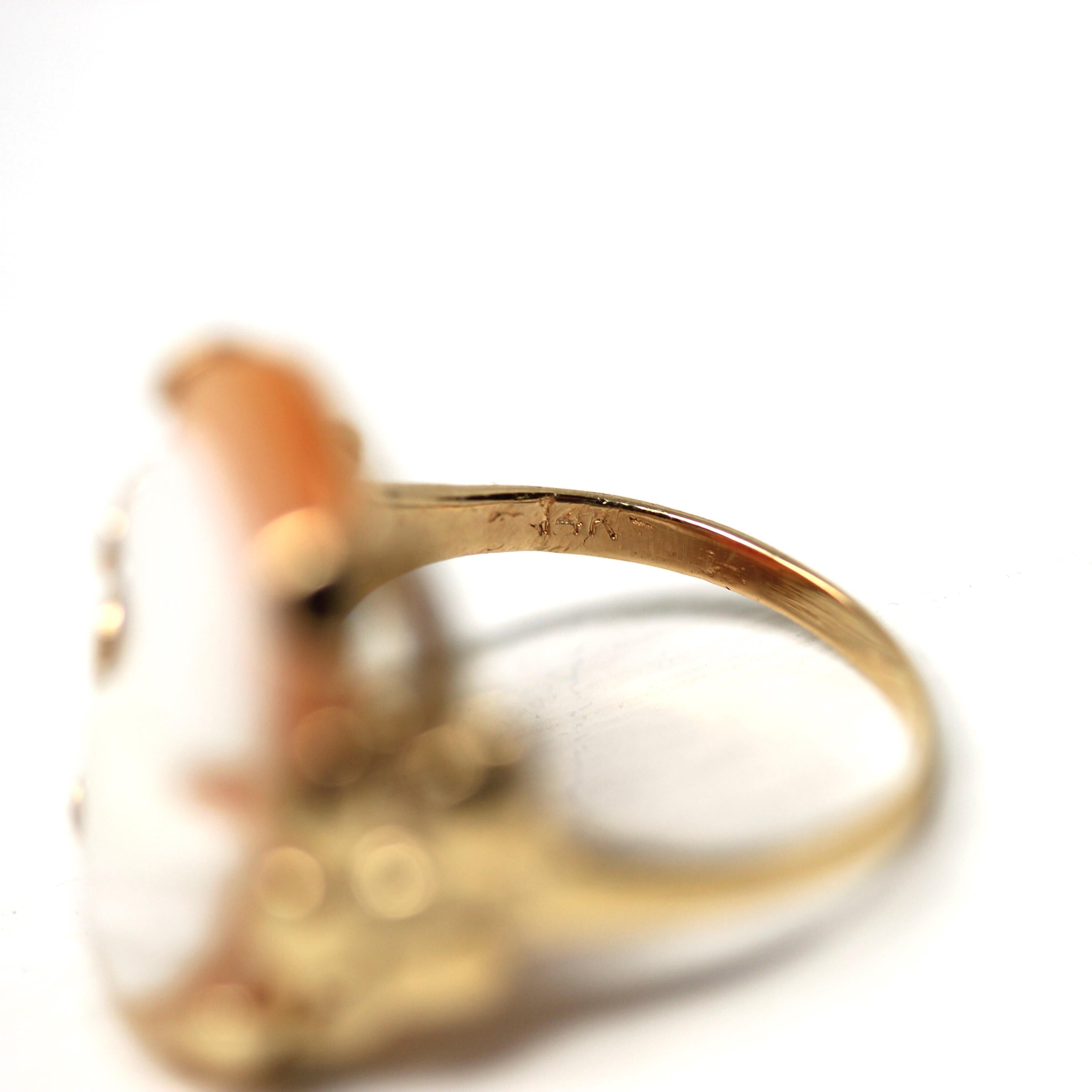 Vintage Cameo Ring - Retro 14k Yellow Gold Orange White Genuine Carved Gem - Vintage Circa 1940s Size 4 3/4 Woman Portrait Floral Jewelry