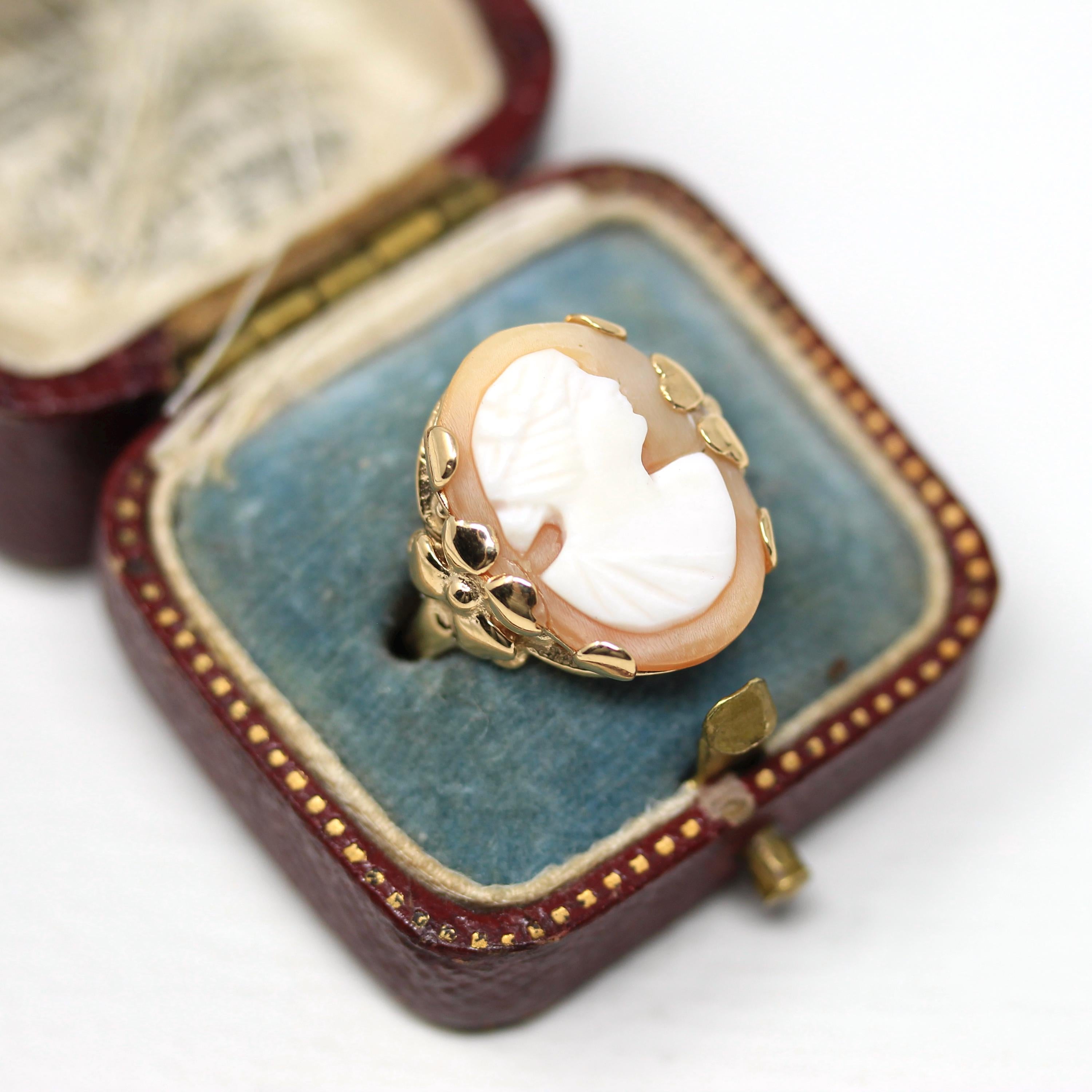 Vintage Cameo Ring - Retro 14k Yellow Gold Orange White Genuine Carved Gem - Vintage Circa 1940s Size 4 3/4 Woman Portrait Floral Jewelry