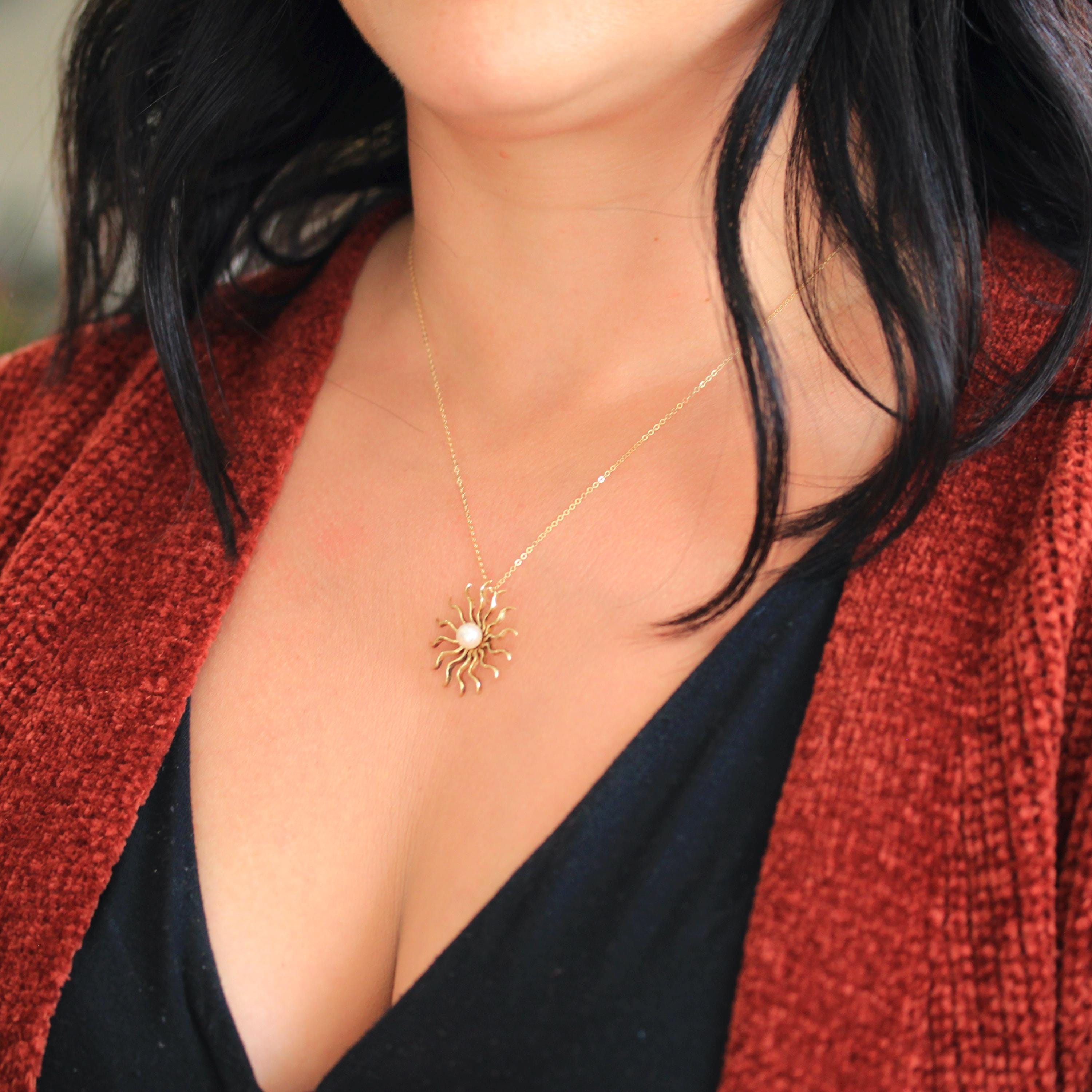 Antique Starburst Necklace - Edwardian 14k Yellow Gold Cultured Pearl Brooch Pendant - Circa 1910s Era Wavy Sun Star Celestial Fine Jewelry