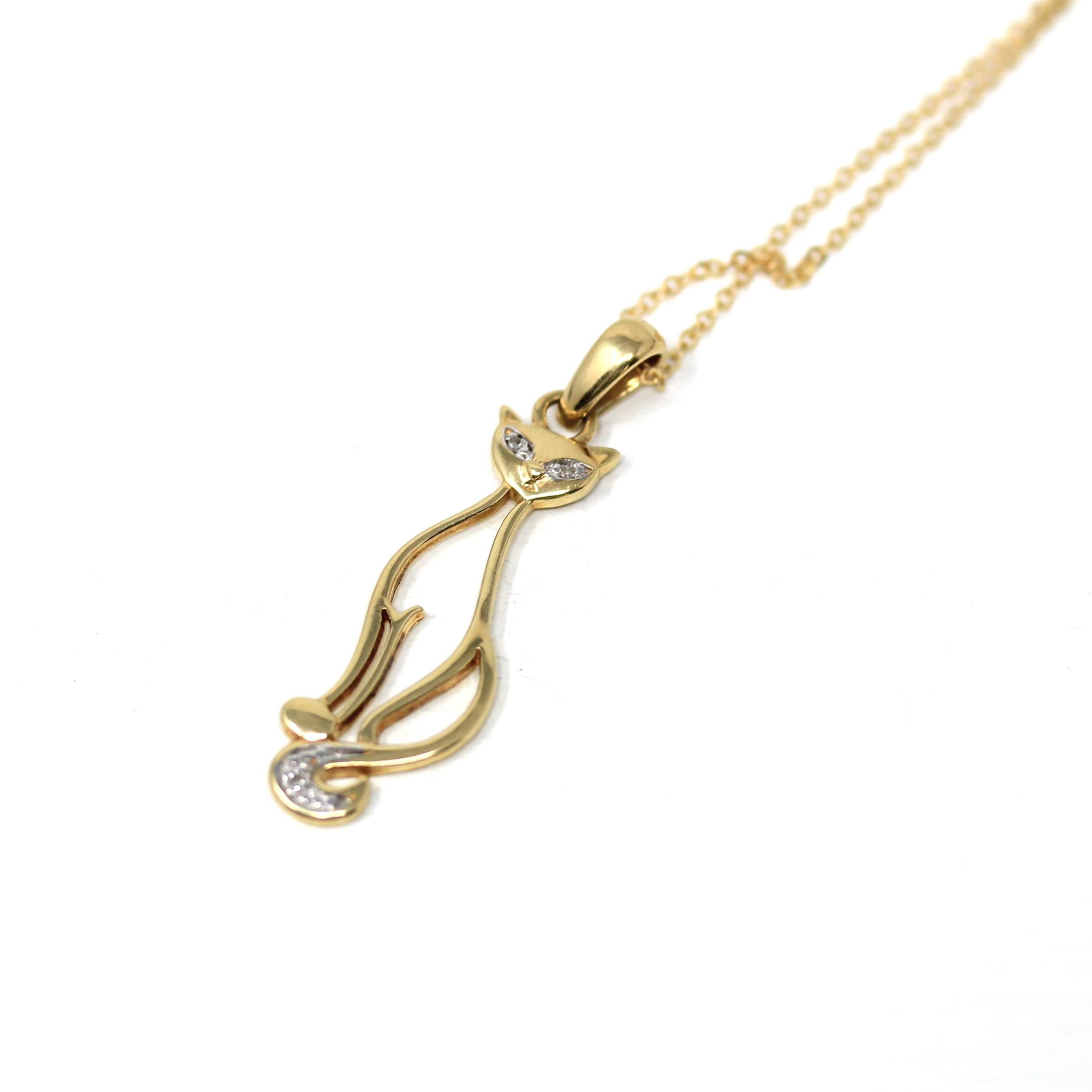 Modern Cat Pendant - Estate 10k Yellow Gold Natural Diamond Studded Charm Necklace - Circa 2000s Animal Feline Kitty Feminine Fine Jewelry