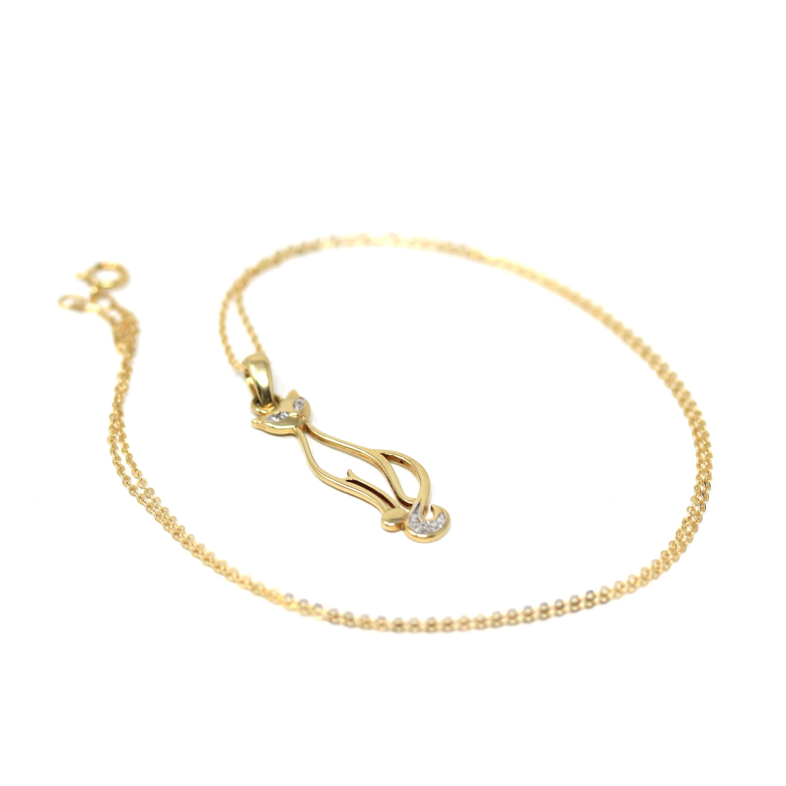 Modern Cat Pendant - Estate 10k Yellow Gold Natural Diamond Studded Charm Necklace - Circa 2000s Animal Feline Kitty Feminine Fine Jewelry