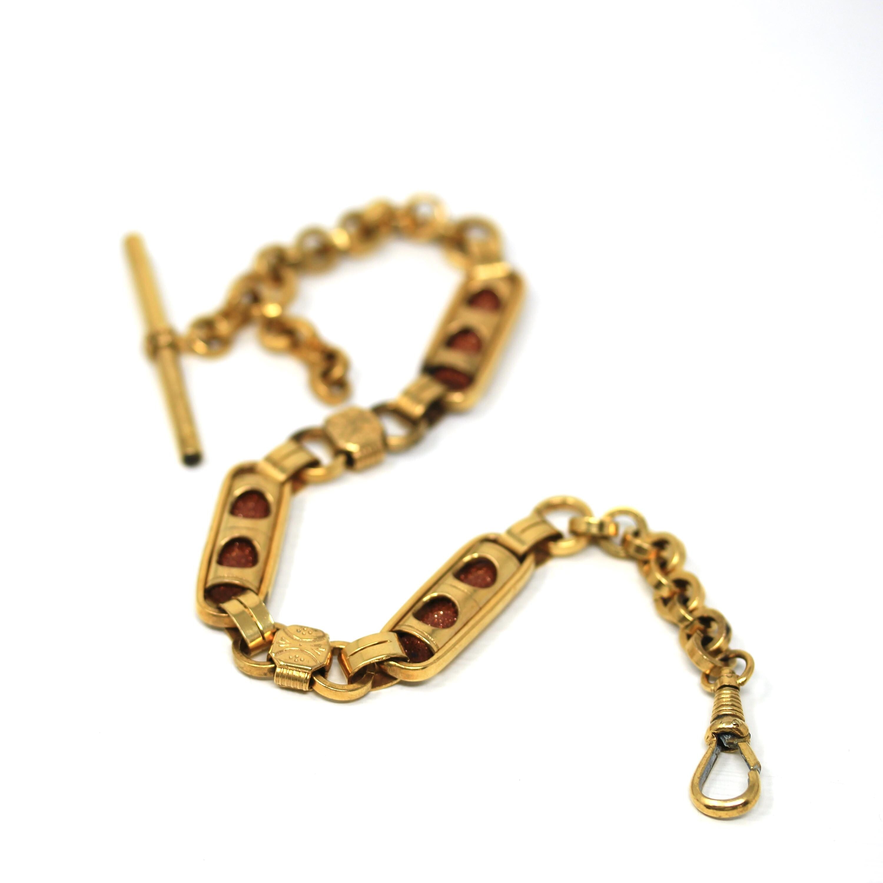 Antique Pocket Watch Chain - Gold Filled Rollo Chain T Bar Dog Clip Clasp - Victorian Circa 1890s Unisex Goldstone Fancy Link Fine Jewelry