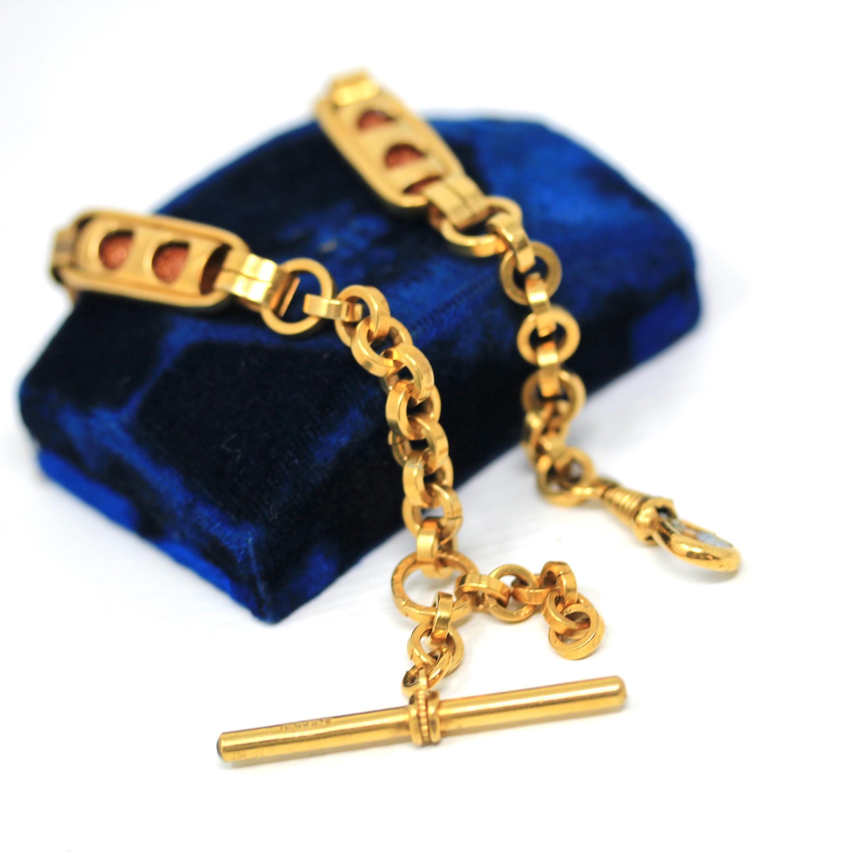 Antique Pocket Watch Chain - Gold Filled Rollo Chain T Bar Dog Clip Clasp - Victorian Circa 1890s Unisex Goldstone Fancy Link Fine Jewelry