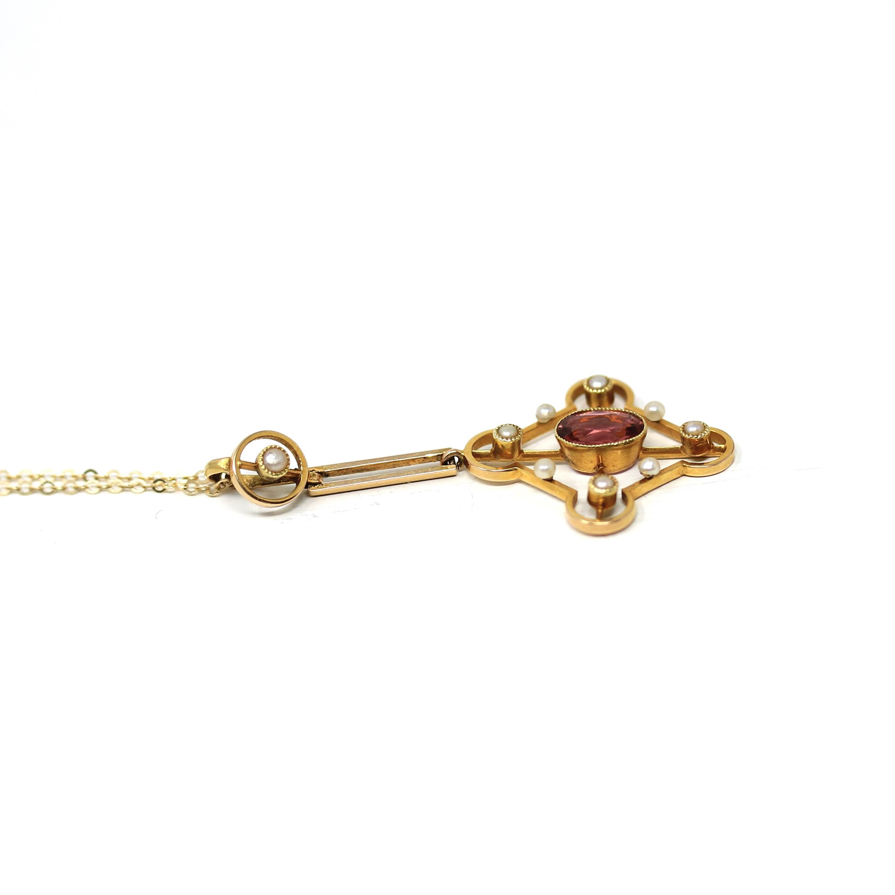 Antique Lavalier Necklace - Edwardian 15k Yellow Gold .70 CT Natural Oval Pink Tourmaline Gem Pendant - Circa 1910s Seed Pearl Fine Jewelry