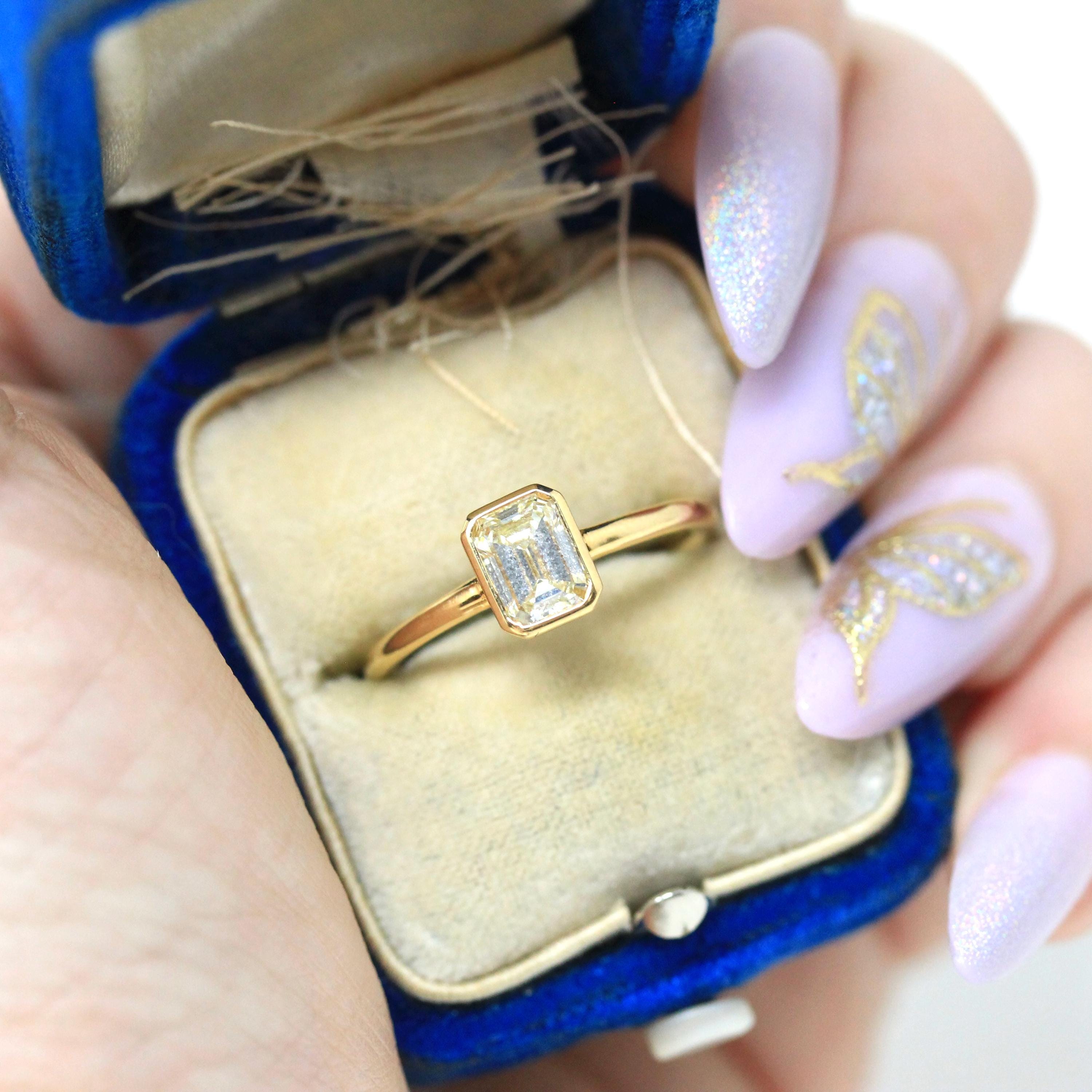 0.87 ct Emerald Cut Diamond Engagement Ring - 18k Yellow Gold Bezel Set Vintage Recycled Gem - Size 6 1/4 Fine Bridal Classic Fine Jewelry