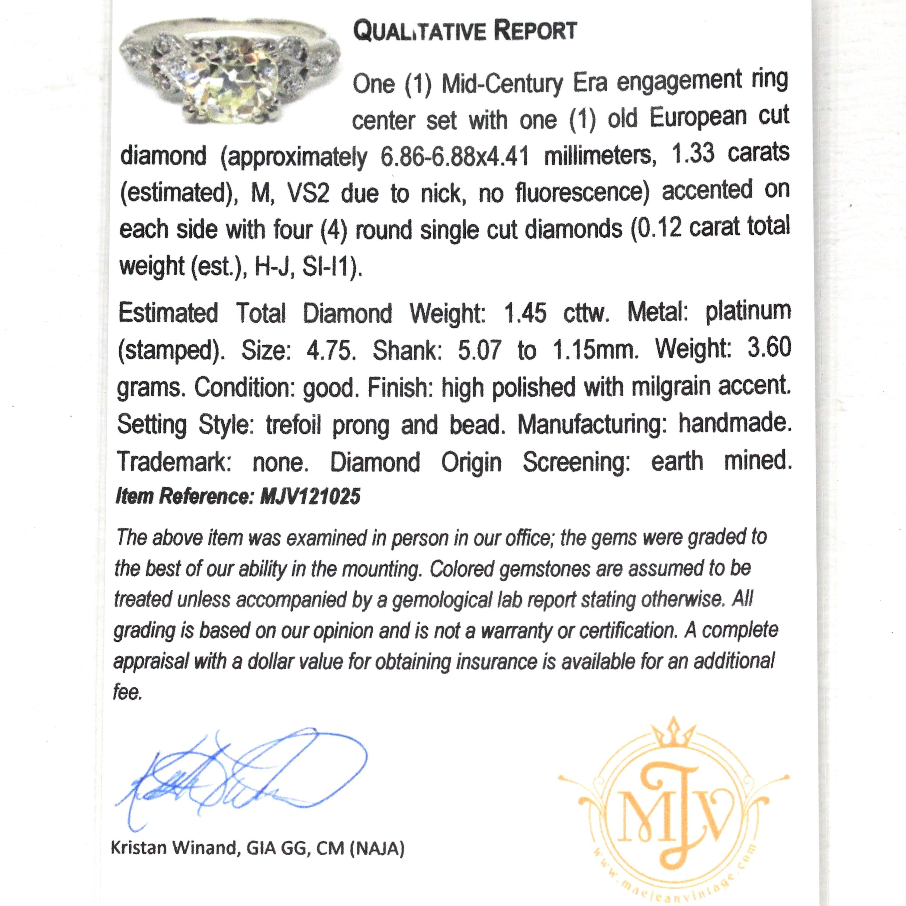 Vintage Engagement Ring - Platinum Retro Era 1.45 CTW Natural Diamonds - Circa 1950s Era Size 4.75 Fine Filigree Qualitative Report Jewelry