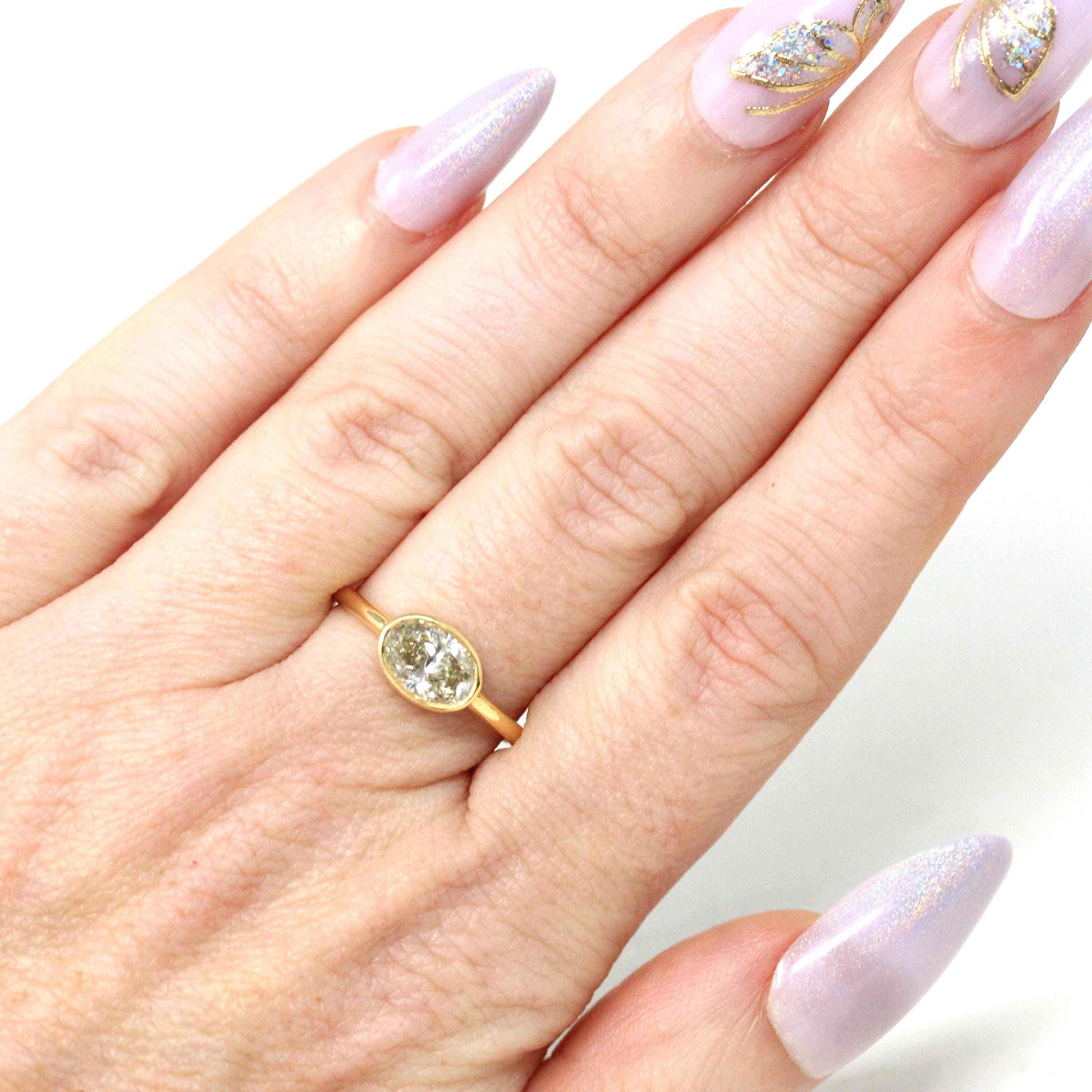 East-to-West Diamond Ring - 18k Yellow Gold Bezel Set Fancy Warm Light Yellow Oval Faceted Gemstone - Modern Size 6 Fine Jewelry W/ Report