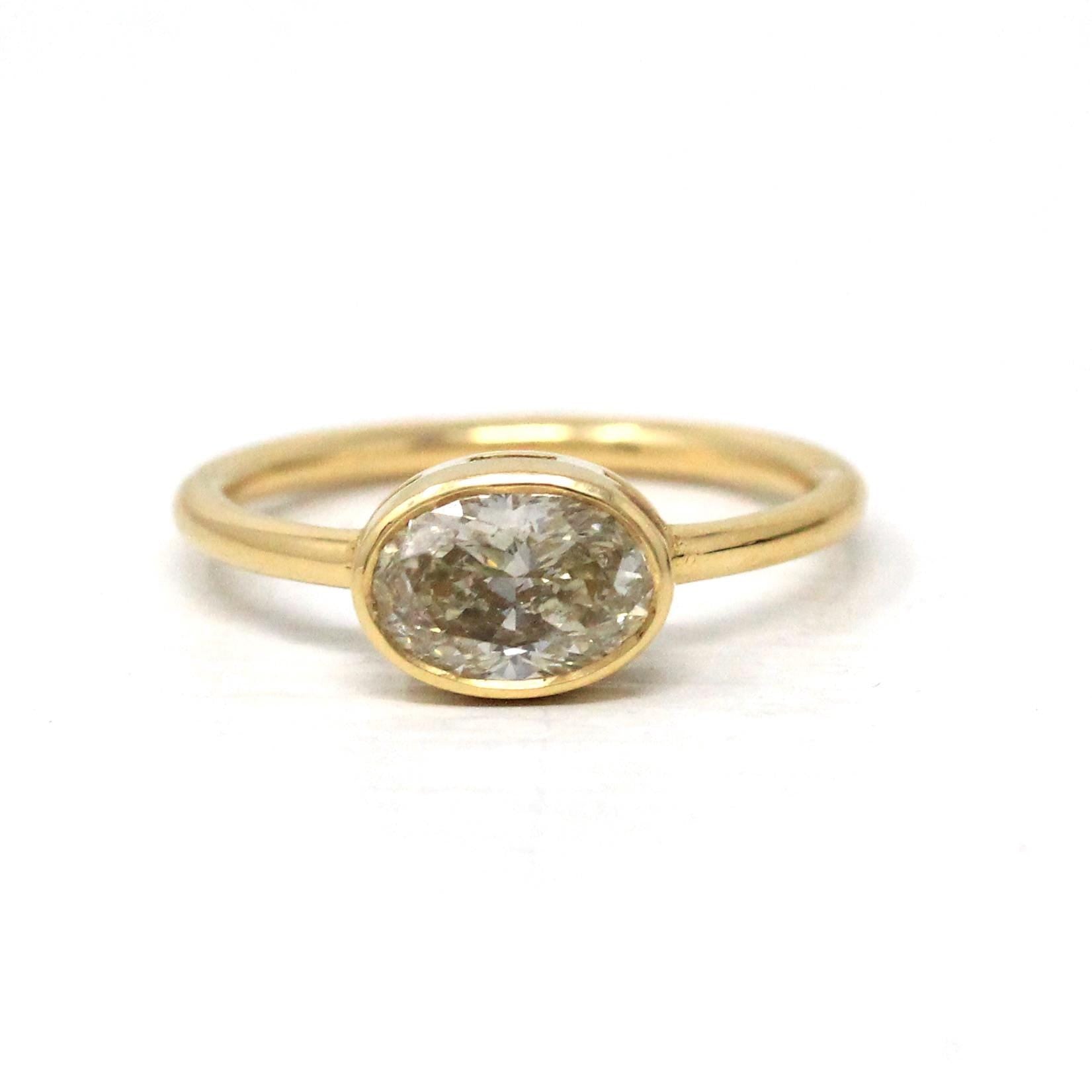 East-to-West Diamond Ring - 18k Yellow Gold Bezel Set Fancy Warm Light Yellow Oval Faceted Gemstone - Modern Size 6 Fine Jewelry W/ Report
