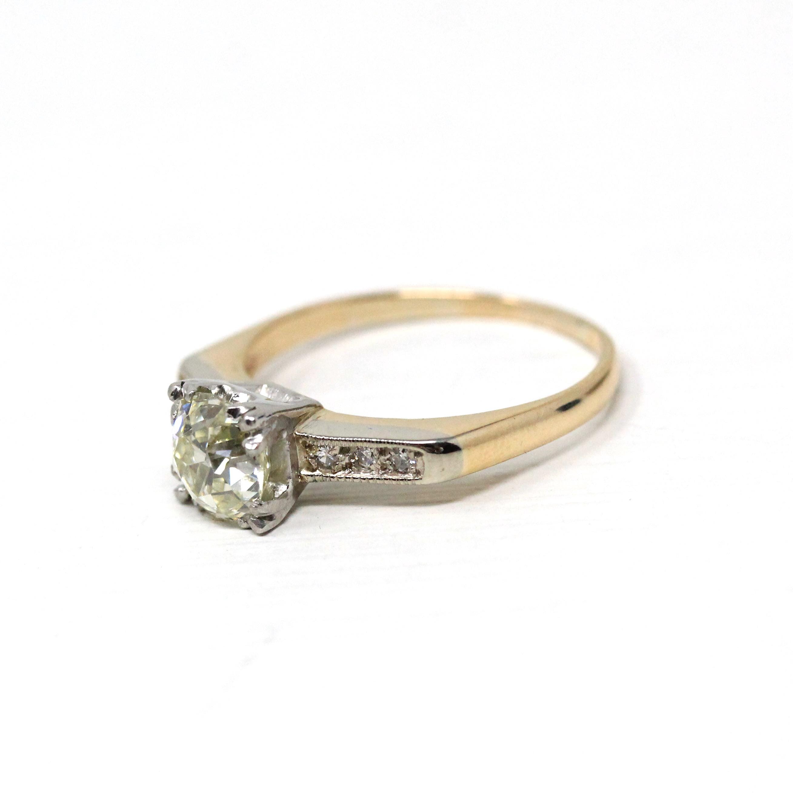 Mid Century Engagement Ring - 14k Yellow Gold & Platinum 1.28 CTW Natural Diamond - Vintage Circa 1940s Size 6 1/2 Engagement Report Jewelry
