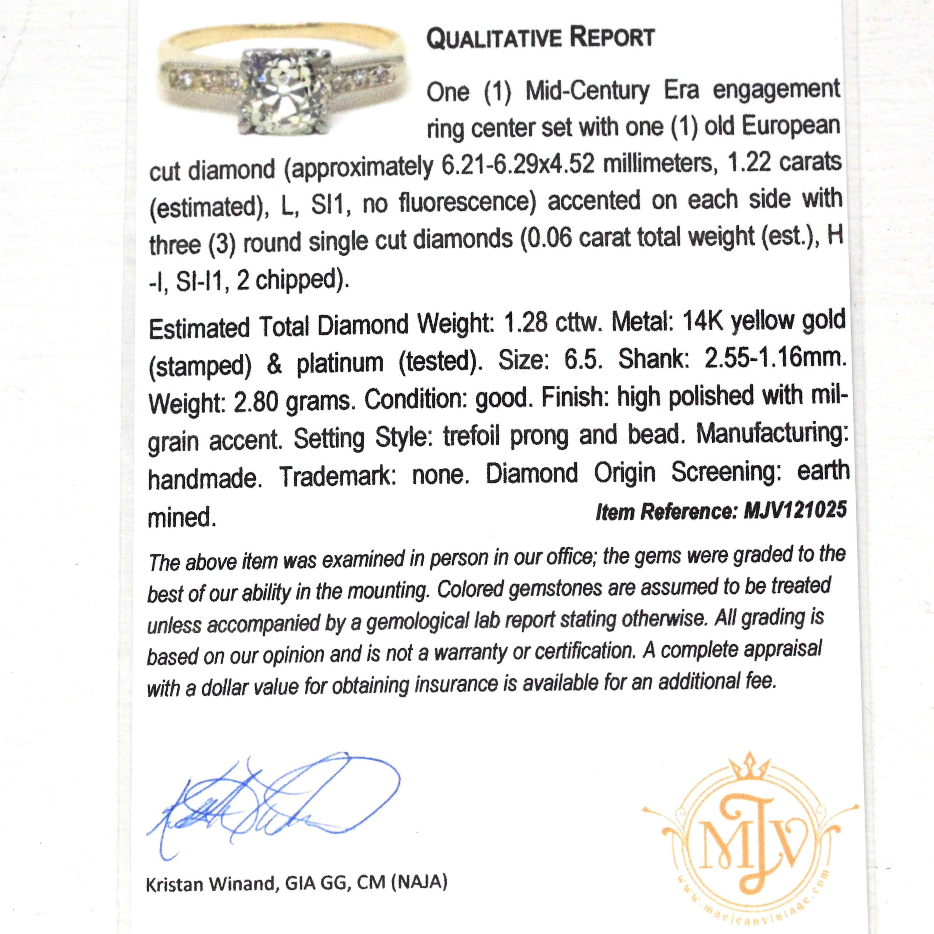 Mid Century Engagement Ring - 14k Yellow Gold & Platinum 1.28 CTW Natural Diamond - Vintage Circa 1940s Size 6 1/2 Engagement Report Jewelry