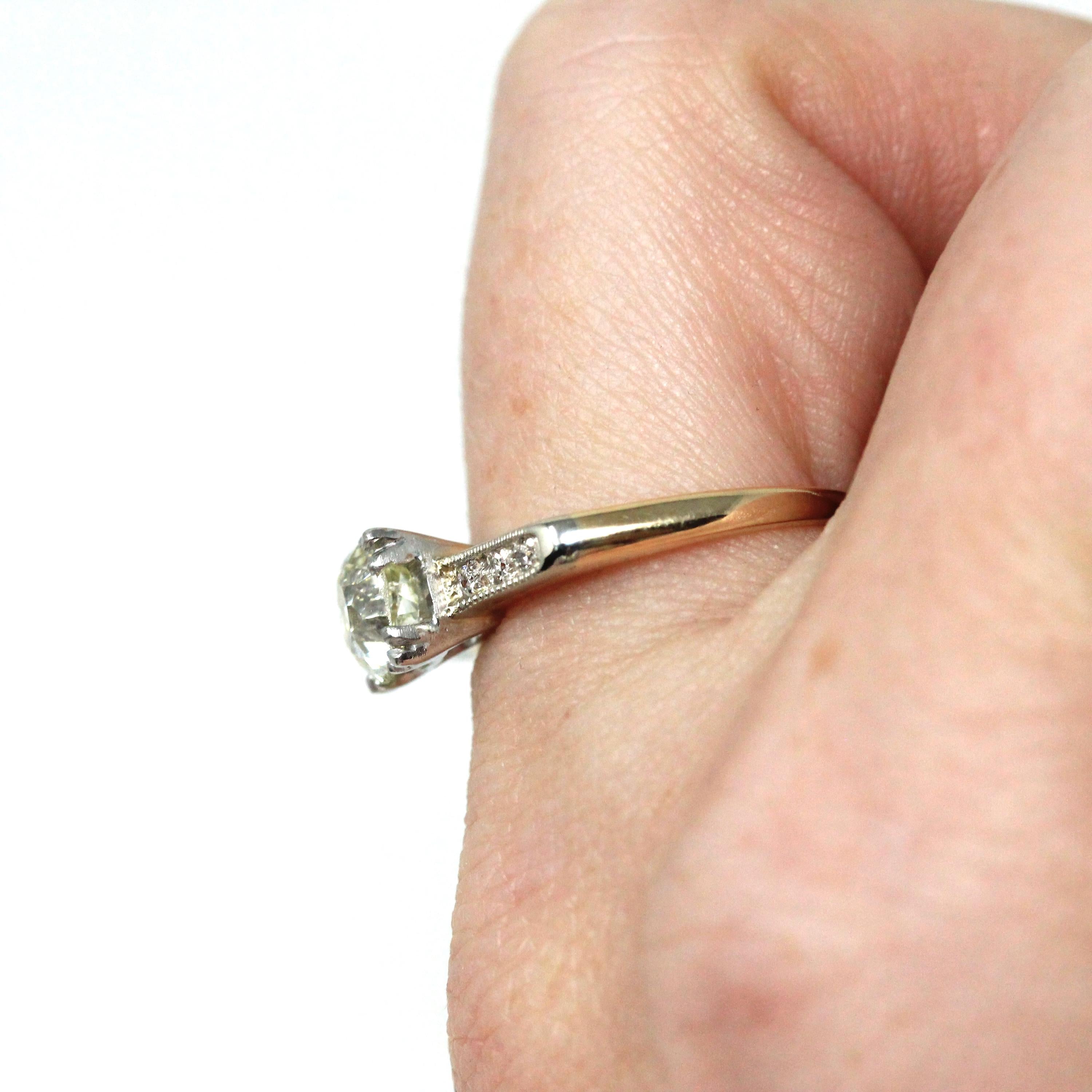 Mid Century Engagement Ring - 14k Yellow Gold & Platinum 1.28 CTW Natural Diamond - Vintage Circa 1940s Size 6 1/2 Engagement Report Jewelry