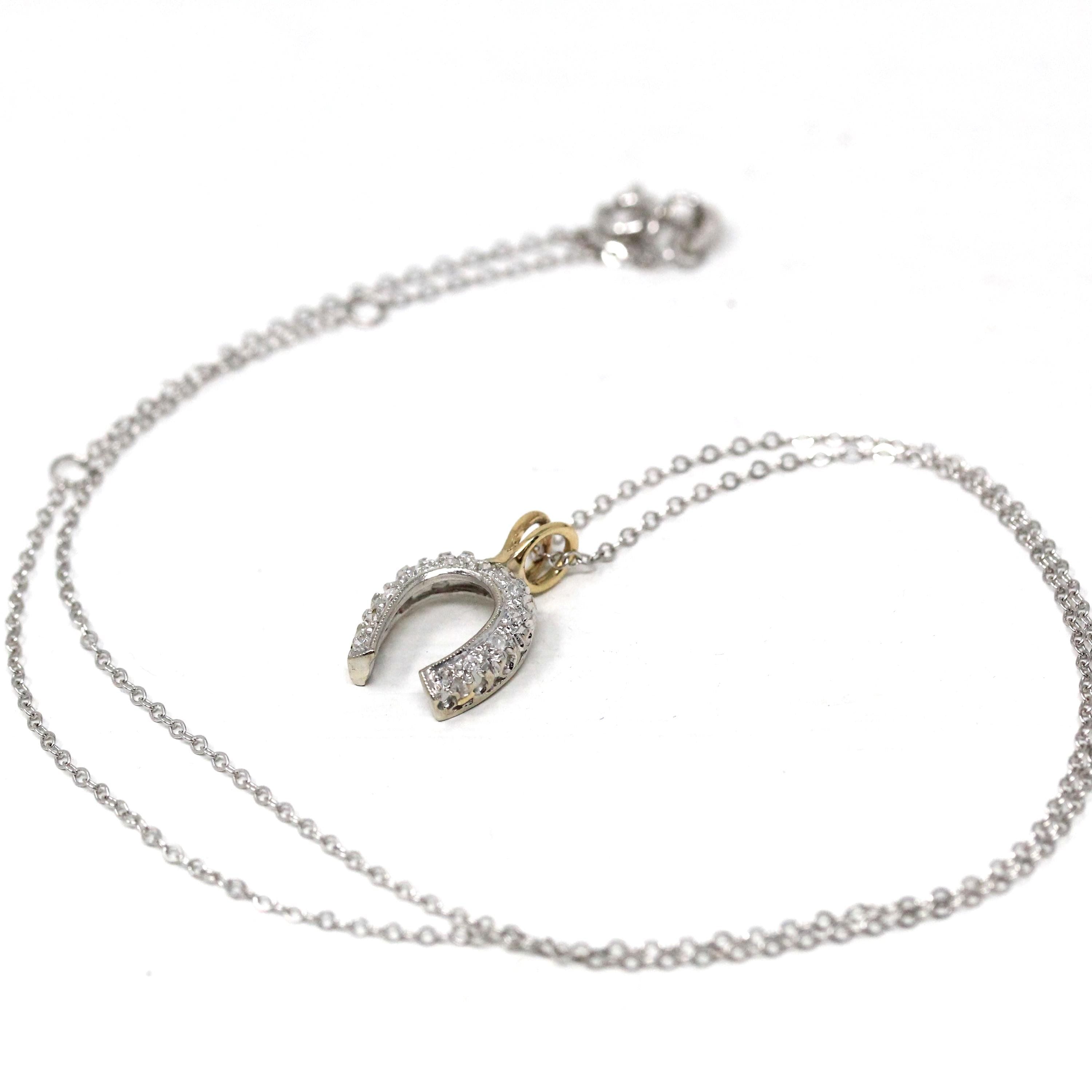 Diamond Horseshoe Pendant - Mid Century Era 14k White & Yellow Gold Natural .08 CTW Charm - Vintage Circa 1950s Good Luck Equestrian Jewelry