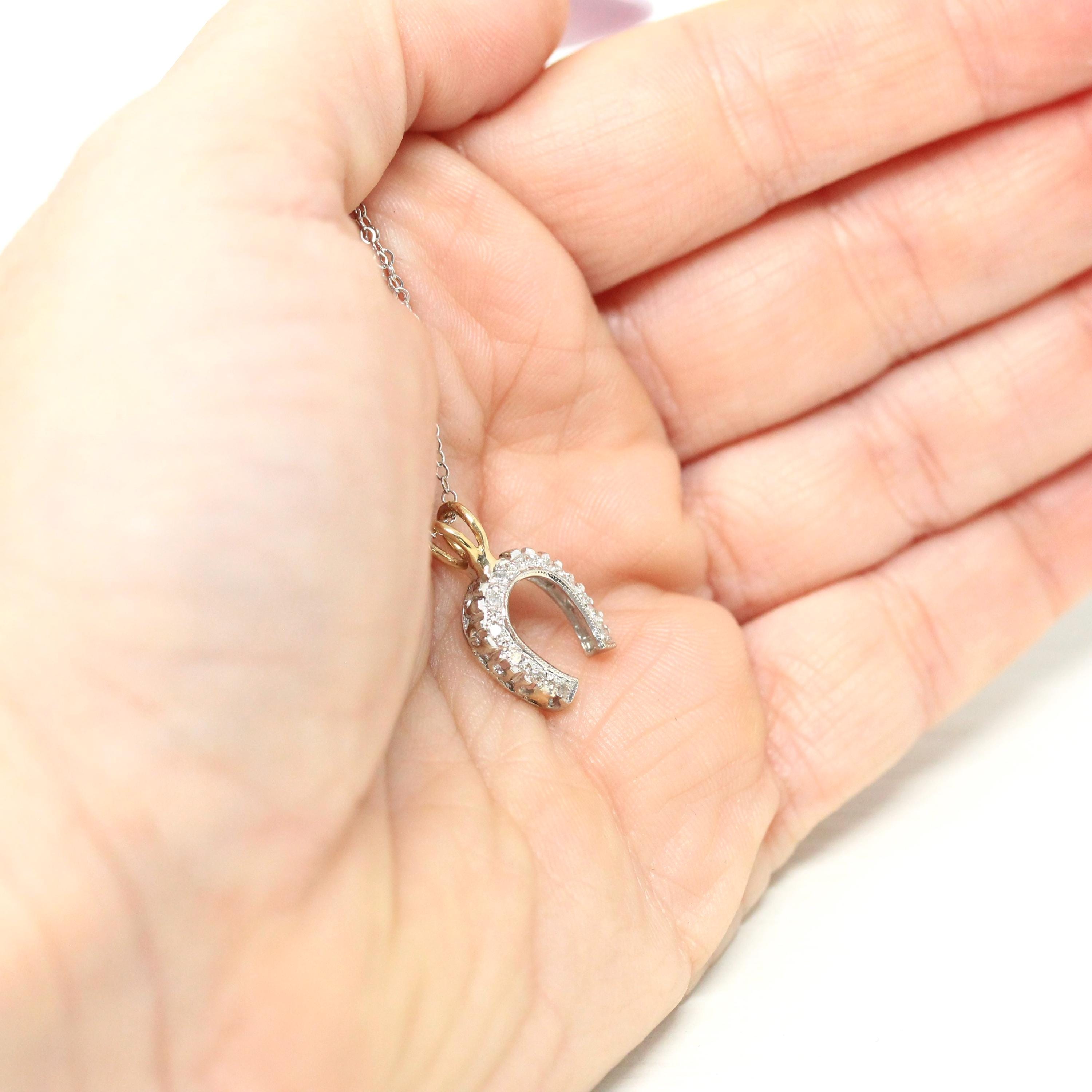 Diamond Horseshoe Pendant - Mid Century Era 14k White & Yellow Gold Natural .08 CTW Charm - Vintage Circa 1950s Good Luck Equestrian Jewelry
