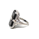 Vintage Onyx Ring - Art Deco 18k White Gold Natural Black Chalcedony Diamond Statement - Circa 1930s Size 5 Pharaoh Filigree Fine Jewelry