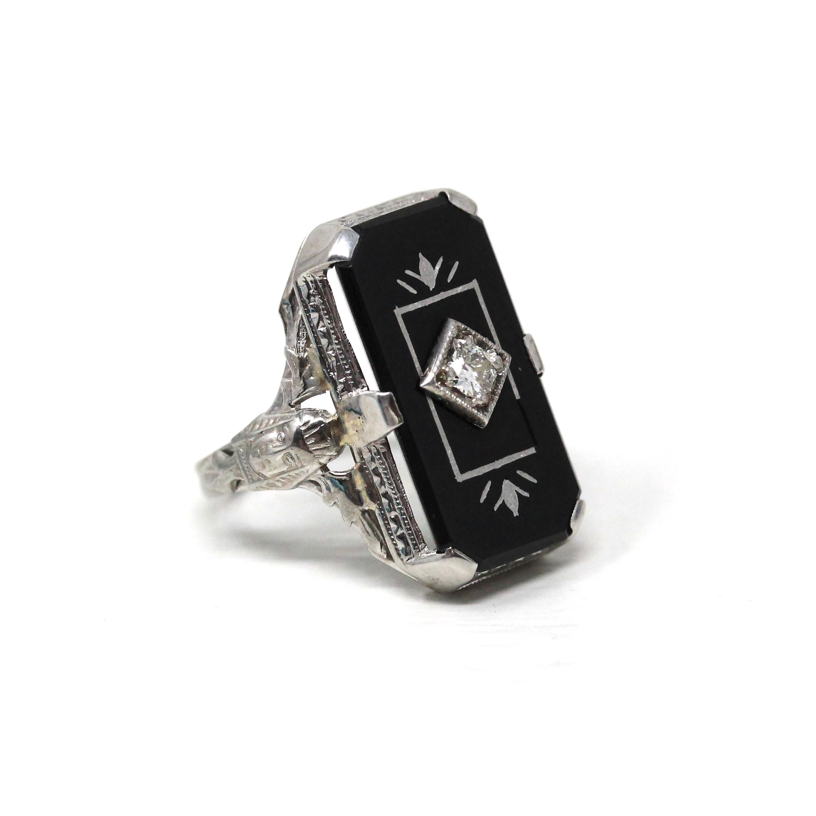 Vintage Onyx Ring - Art Deco 18k White Gold Natural Black Chalcedony Diamond Statement - Circa 1930s Size 5 Pharaoh Filigree Fine Jewelry