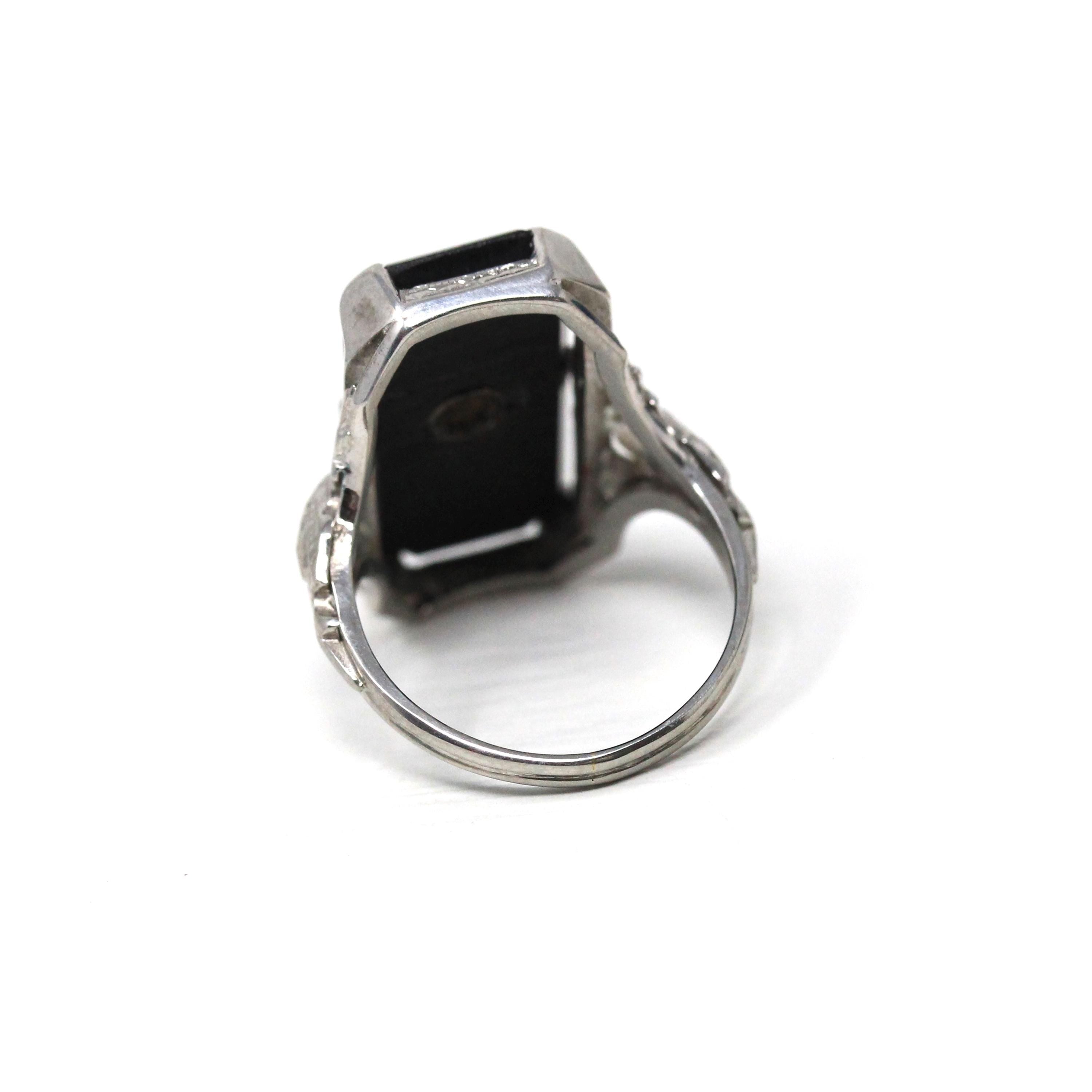 Vintage Onyx Ring - Art Deco 18k White Gold Natural Black Chalcedony Diamond Statement - Circa 1930s Size 5 Pharaoh Filigree Fine Jewelry
