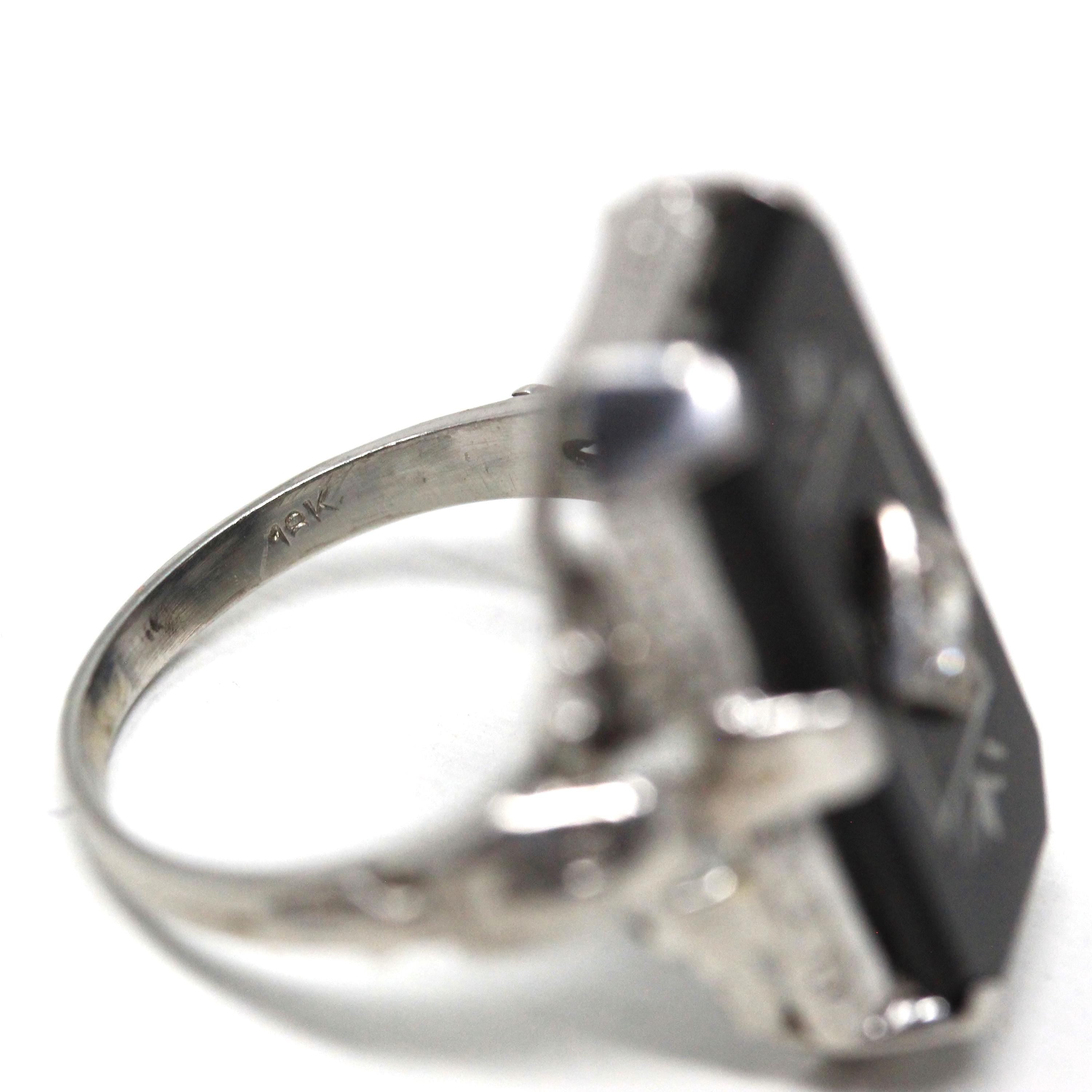 Vintage Onyx Ring - Art Deco 18k White Gold Natural Black Chalcedony Diamond Statement - Circa 1930s Size 5 Pharaoh Filigree Fine Jewelry