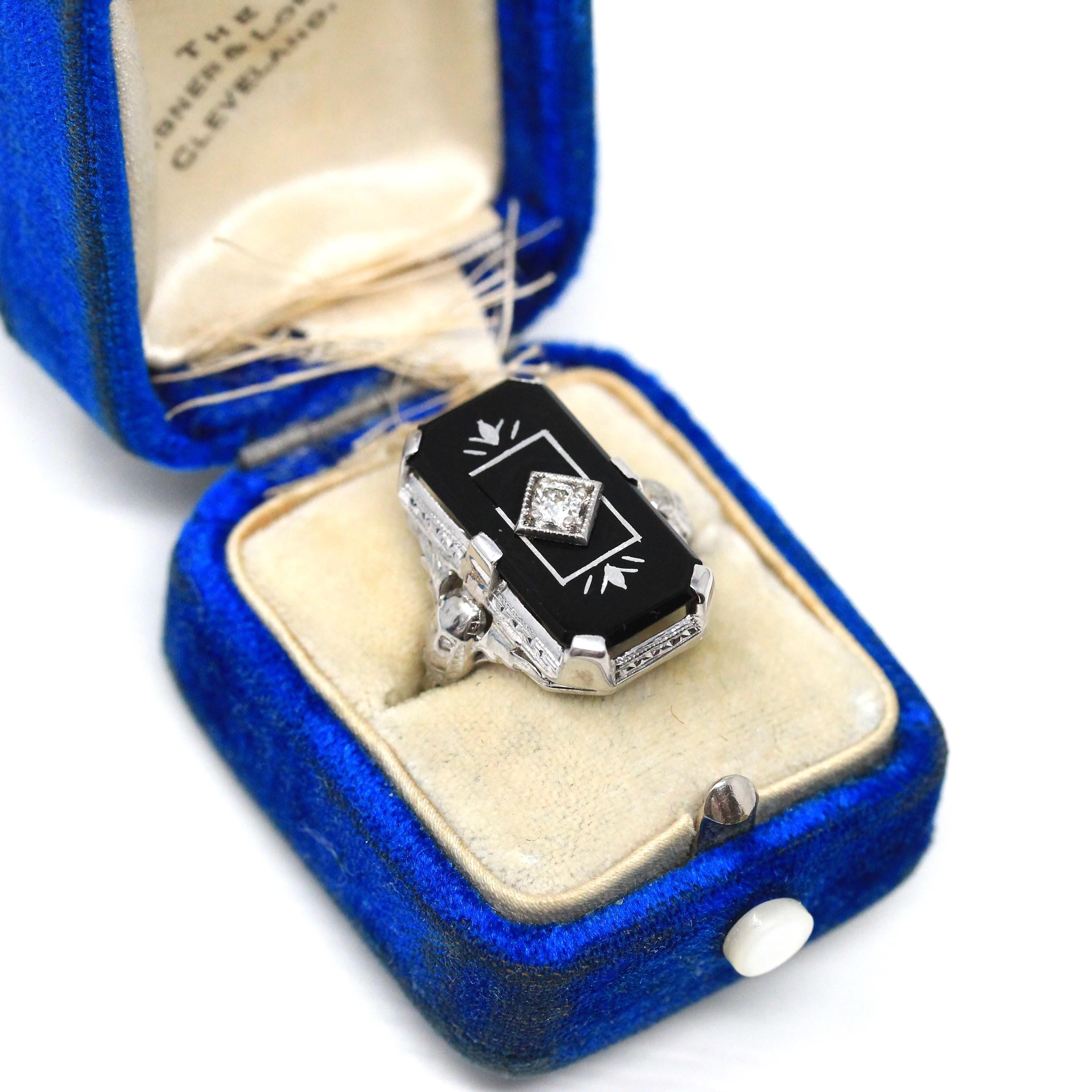 Vintage Onyx Ring - Art Deco 18k White Gold Natural Black Chalcedony Diamond Statement - Circa 1930s Size 5 Pharaoh Filigree Fine Jewelry