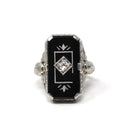 Vintage Onyx Ring - Art Deco 18k White Gold Natural Black Chalcedony Diamond Statement - Circa 1930s Size 5 Pharaoh Filigree Fine Jewelry