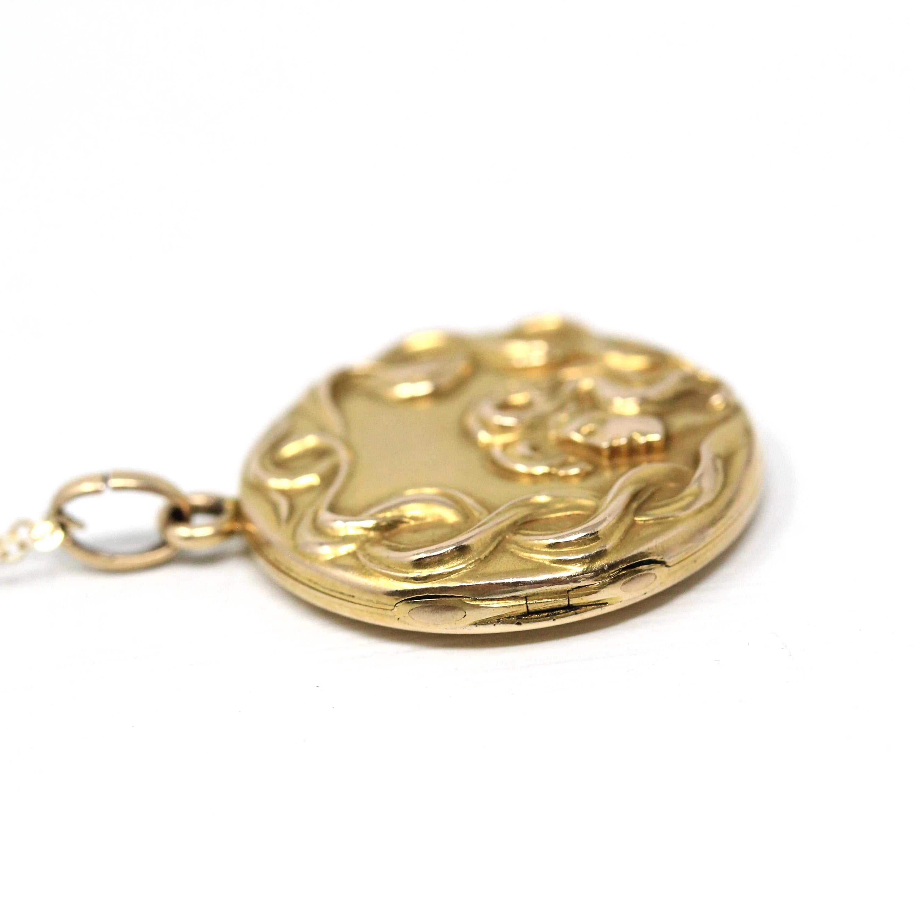 Art Nouveau Locket - Antique 10k Yellow Gold Flowing Hair Woman Pendant Necklace - Vintage 1900s Era Edwardian Letters Initials Fine Jewelry