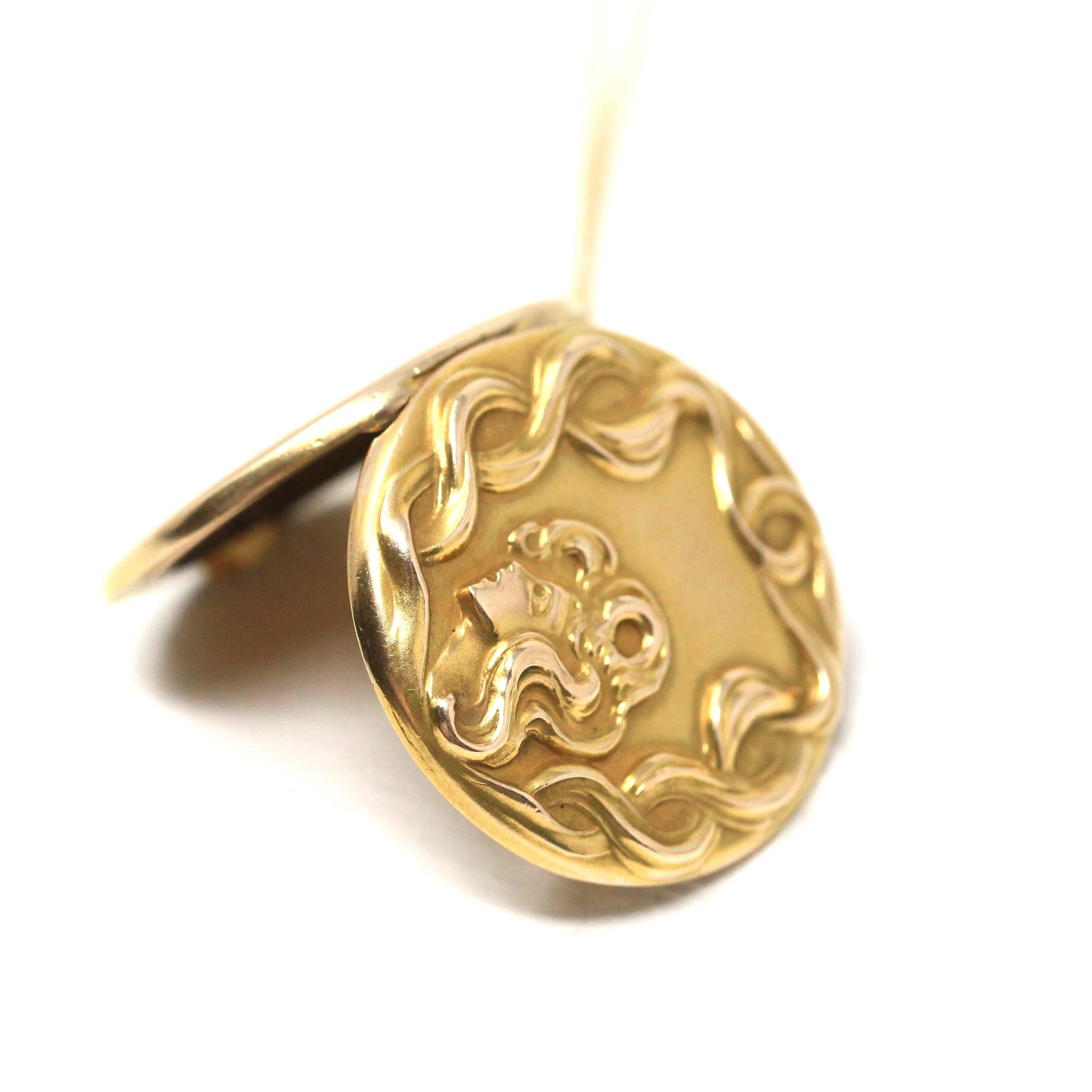 Art Nouveau Locket - Antique 10k Yellow Gold Flowing Hair Woman Pendant Necklace - Vintage 1900s Era Edwardian Letters Initials Fine Jewelry