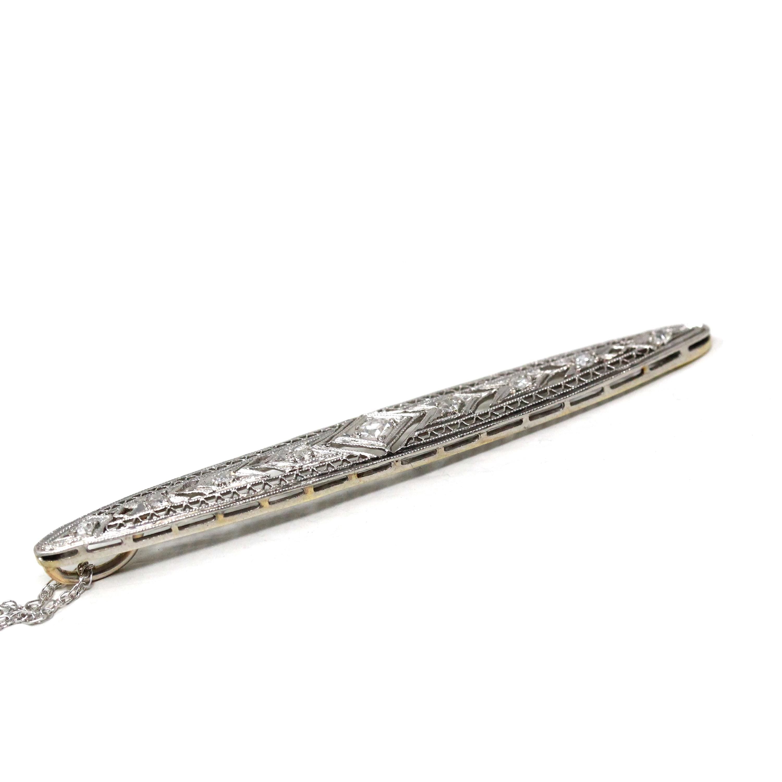 Art Deco Diamond Necklace - Antique Platinum 14k White Gold Filigree Conversion Pendant - Vintage Circa 1920s Era Filigree Long Fine Jewelry