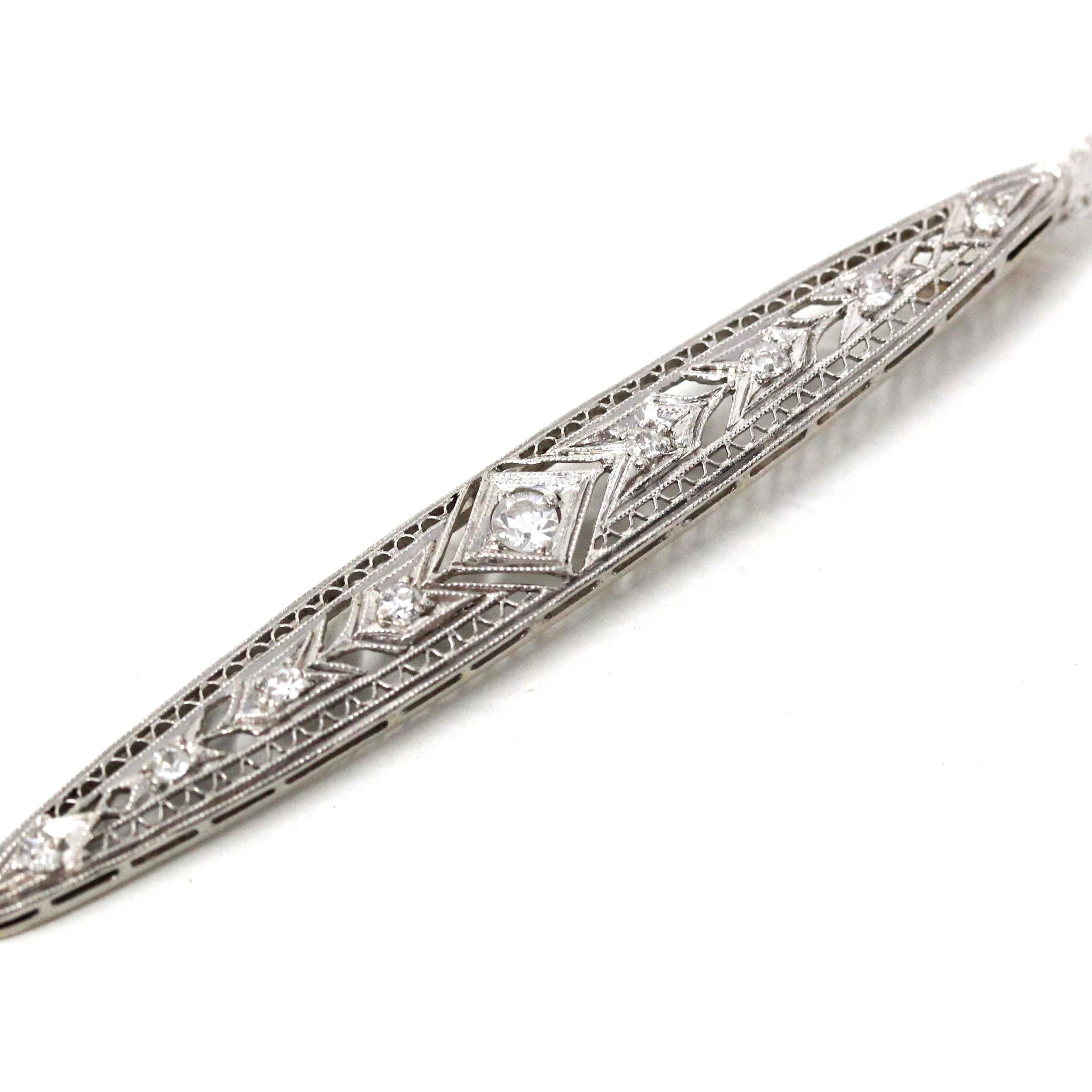 Art Deco Diamond Necklace - Antique Platinum 14k White Gold Filigree Conversion Pendant - Vintage Circa 1920s Era Filigree Long Fine Jewelry
