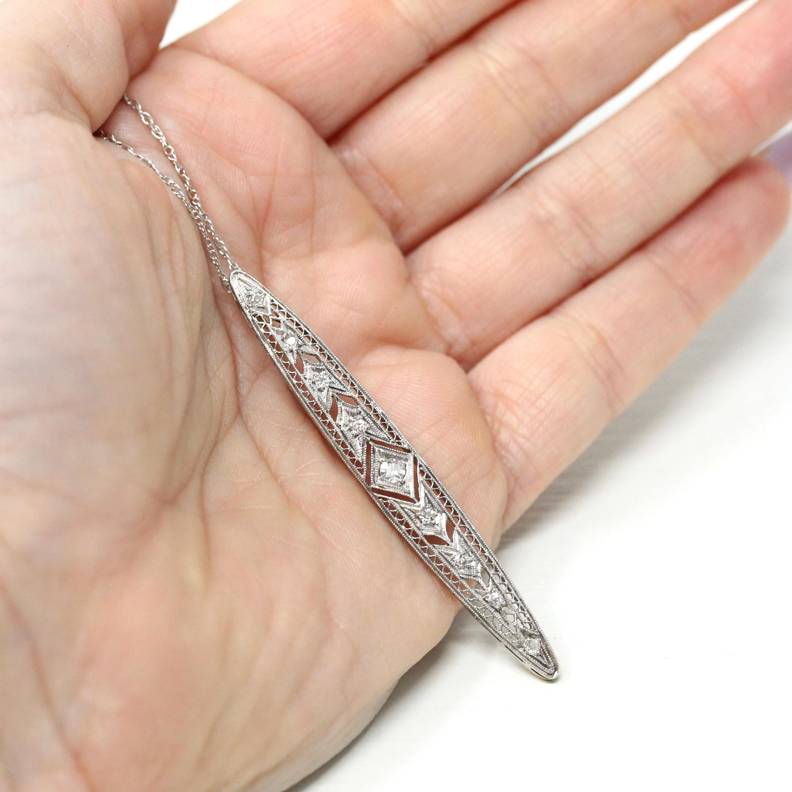Art Deco Diamond Necklace - Antique Platinum 14k White Gold Filigree Conversion Pendant - Vintage Circa 1920s Era Filigree Long Fine Jewelry
