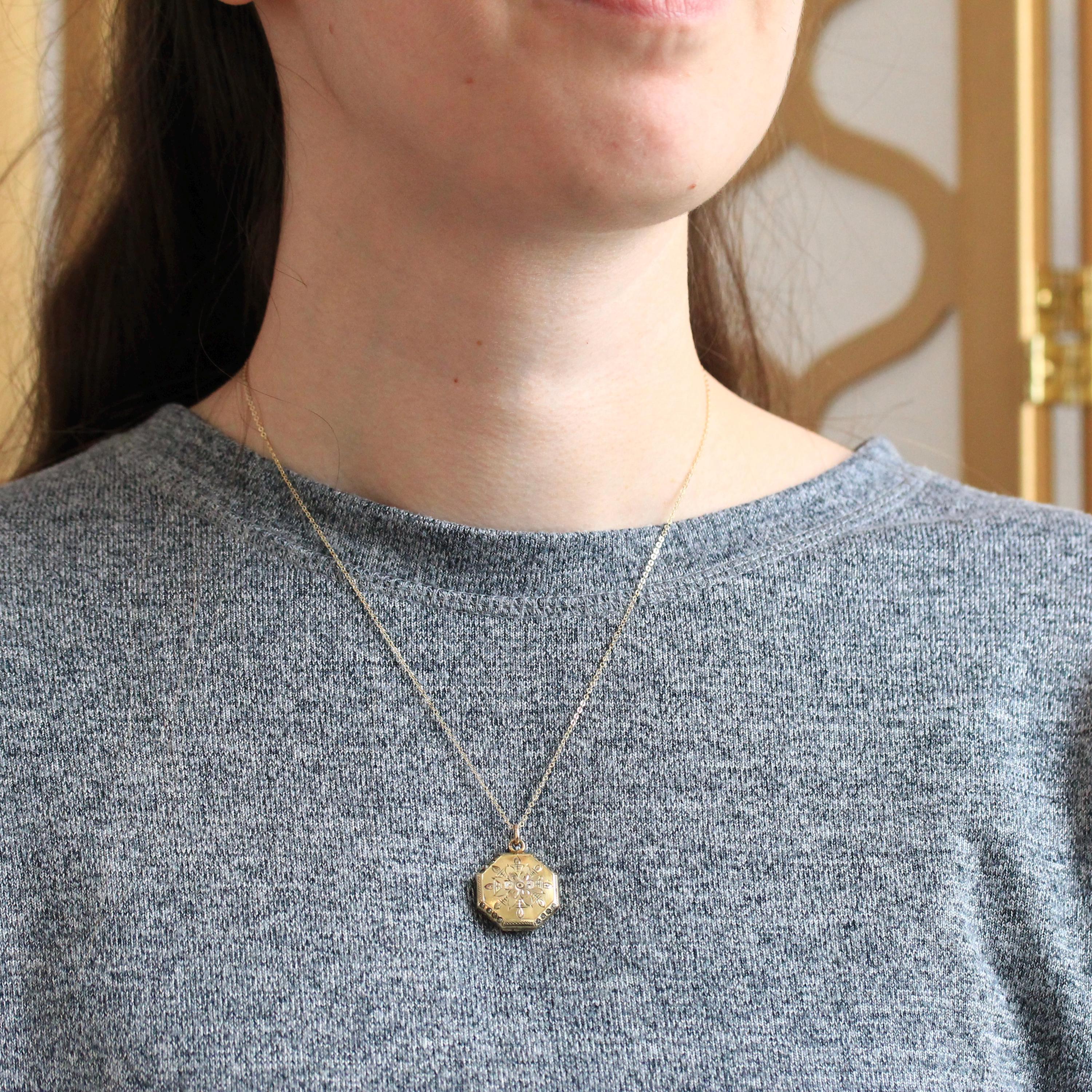 Vintage Flower Locket - Retro Gold Filled Floral Design Octagonal Rhinestone Charm Necklace - Circa 1940 Era Original Photograph 40s Jewelry