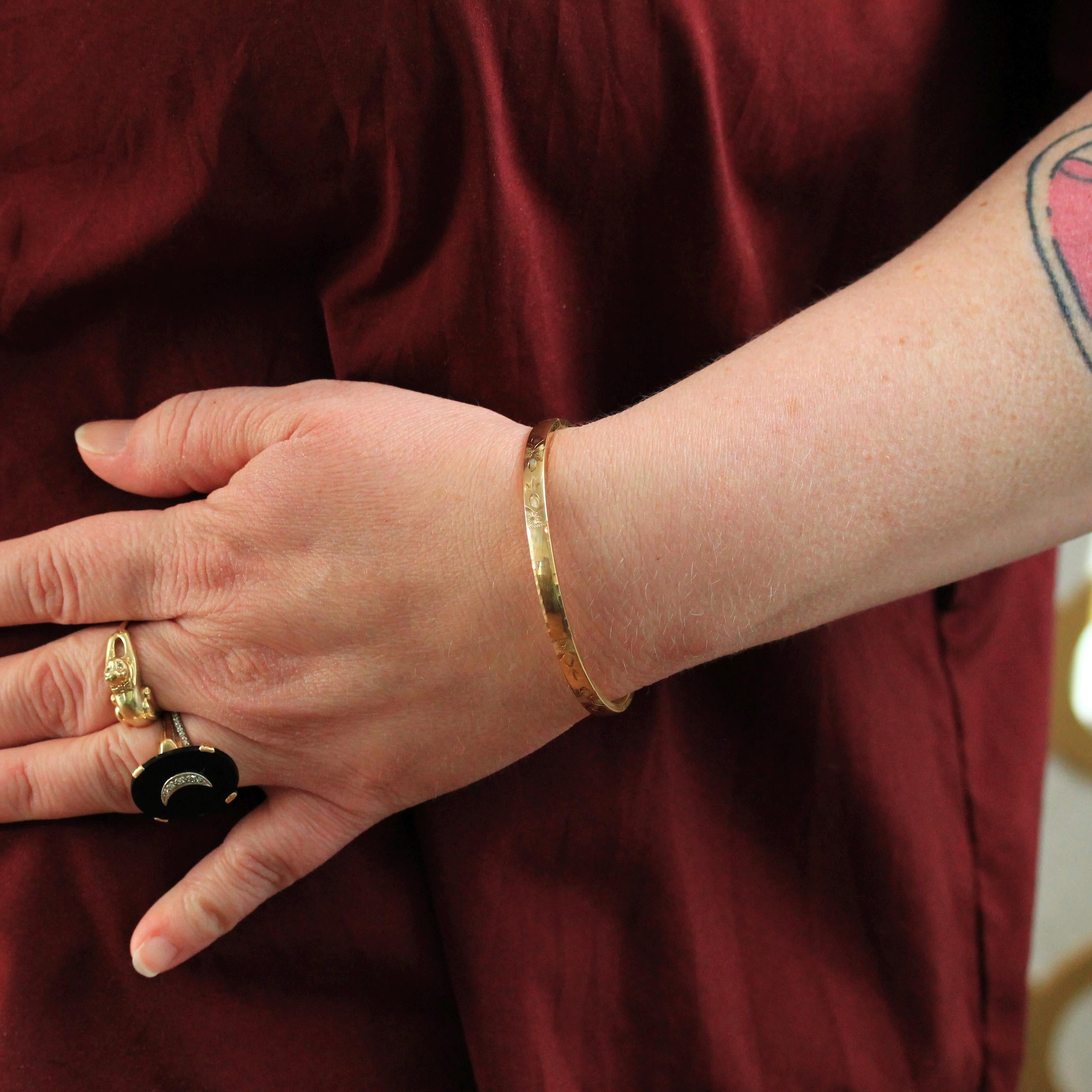 Vintage Flower Bangle - Retro 14k Gold Filled Engraved Flower Design Polished Bracelet - Circa 1960s Era Statement HFB H.F. Barrows Jewelry