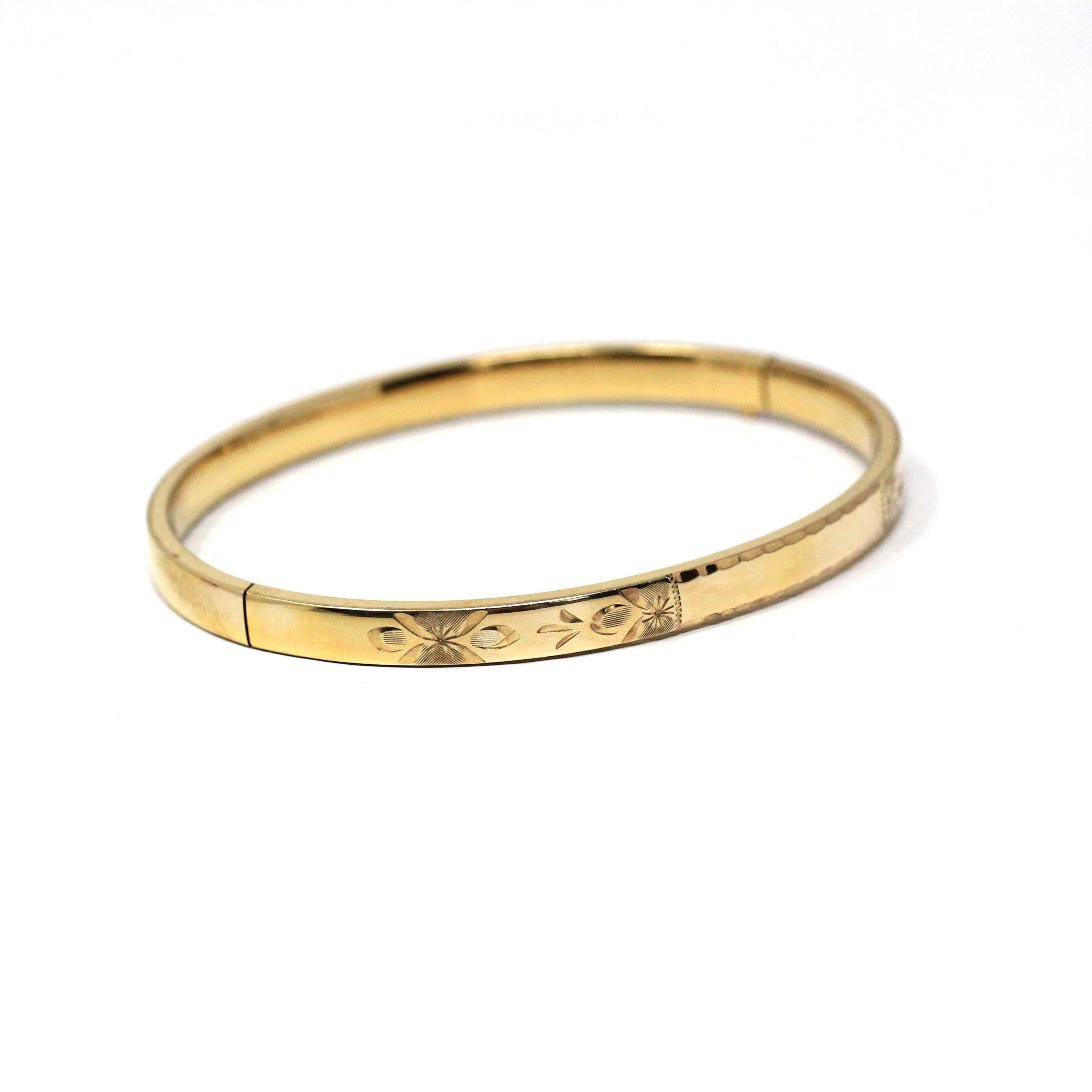 Vintage Flower Bangle - Retro 14k Gold Filled Engraved Flower Design Polished Bracelet - Circa 1960s Era Statement HFB H.F. Barrows Jewelry