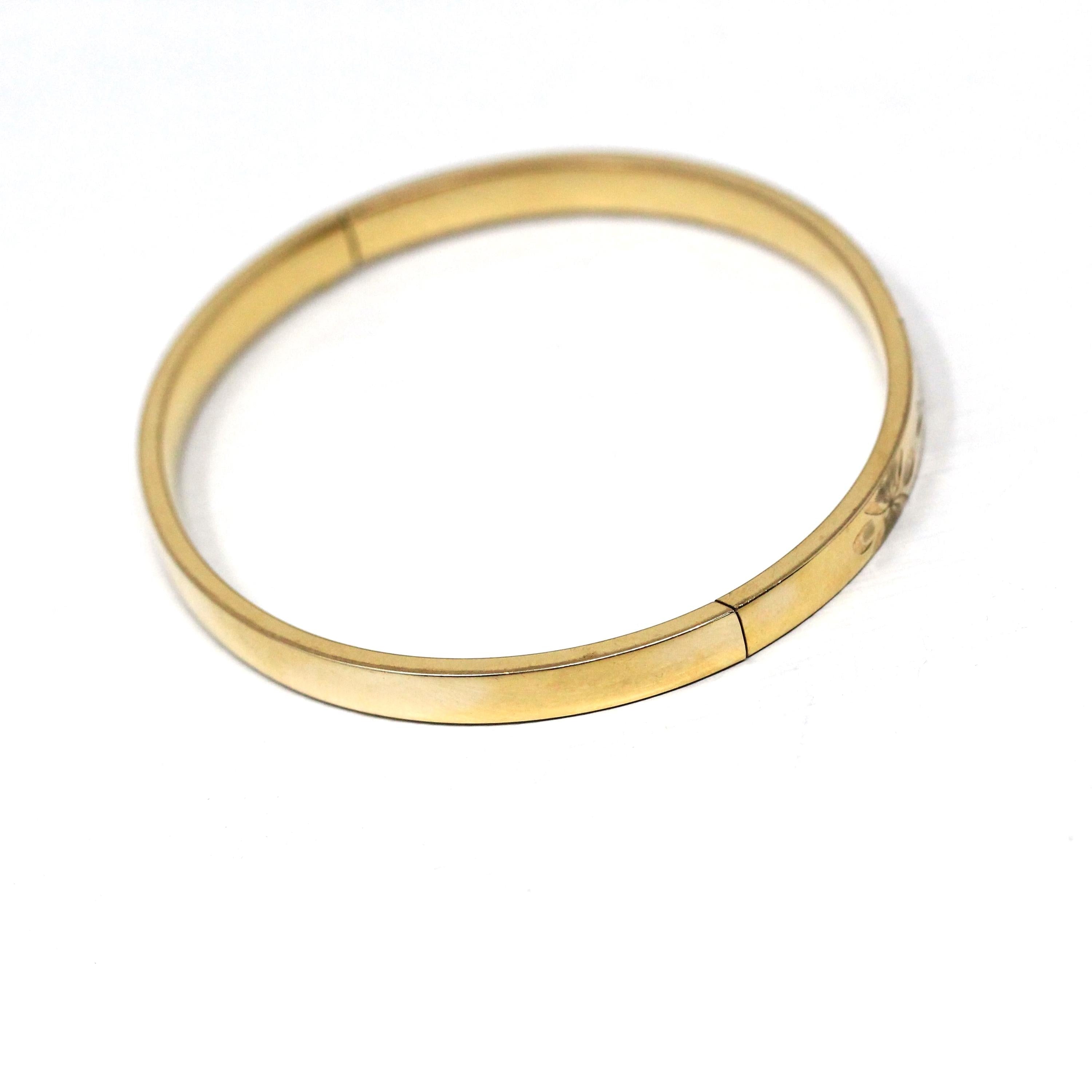 Vintage Flower Bangle - Retro 14k Gold Filled Engraved Flower Design Polished Bracelet - Circa 1960s Era Statement HFB H.F. Barrows Jewelry