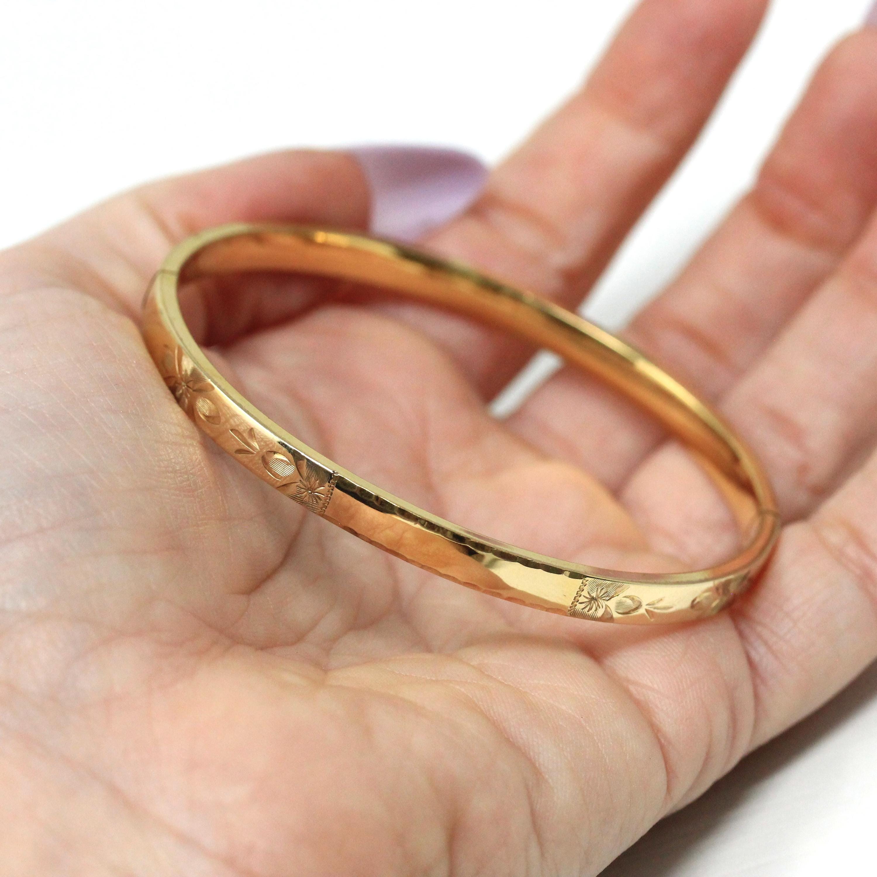 Vintage Flower Bangle - Retro 14k Gold Filled Engraved Flower Design Polished Bracelet - Circa 1960s Era Statement HFB H.F. Barrows Jewelry