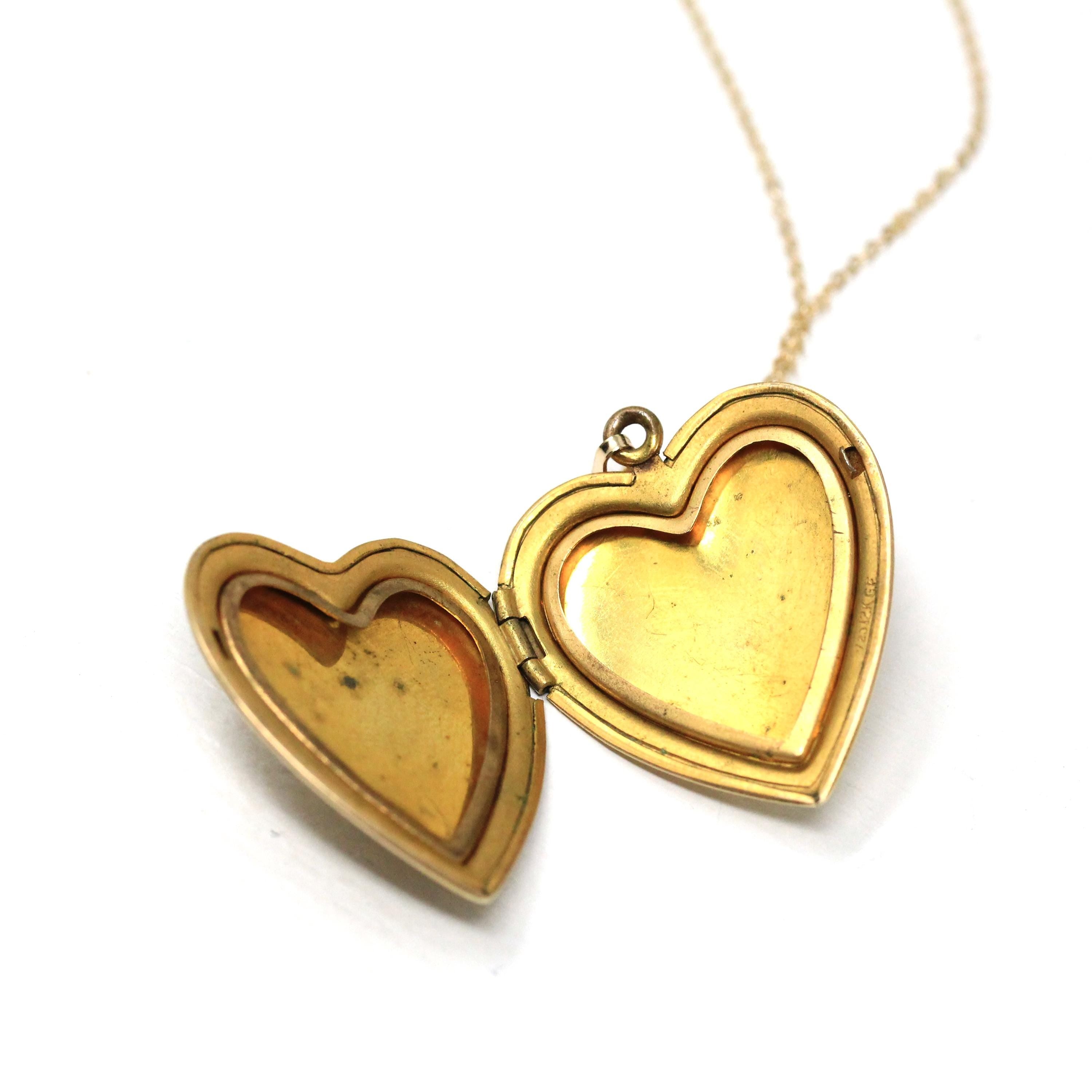 Bird Heart Locket - Retro Gold Filled Heart Shaped Floral Pendant Love Necklace - Vintage Circa 1940s Era Keepsake Flower Photo 40s Jewelry