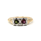 Garnet & Tourmaline Ring - Retro Era 14k Yellow and White Gold Natural Red Green Gemstones - Vintage 1940s Size 6 1/4 Fine Two Tone Jewelry