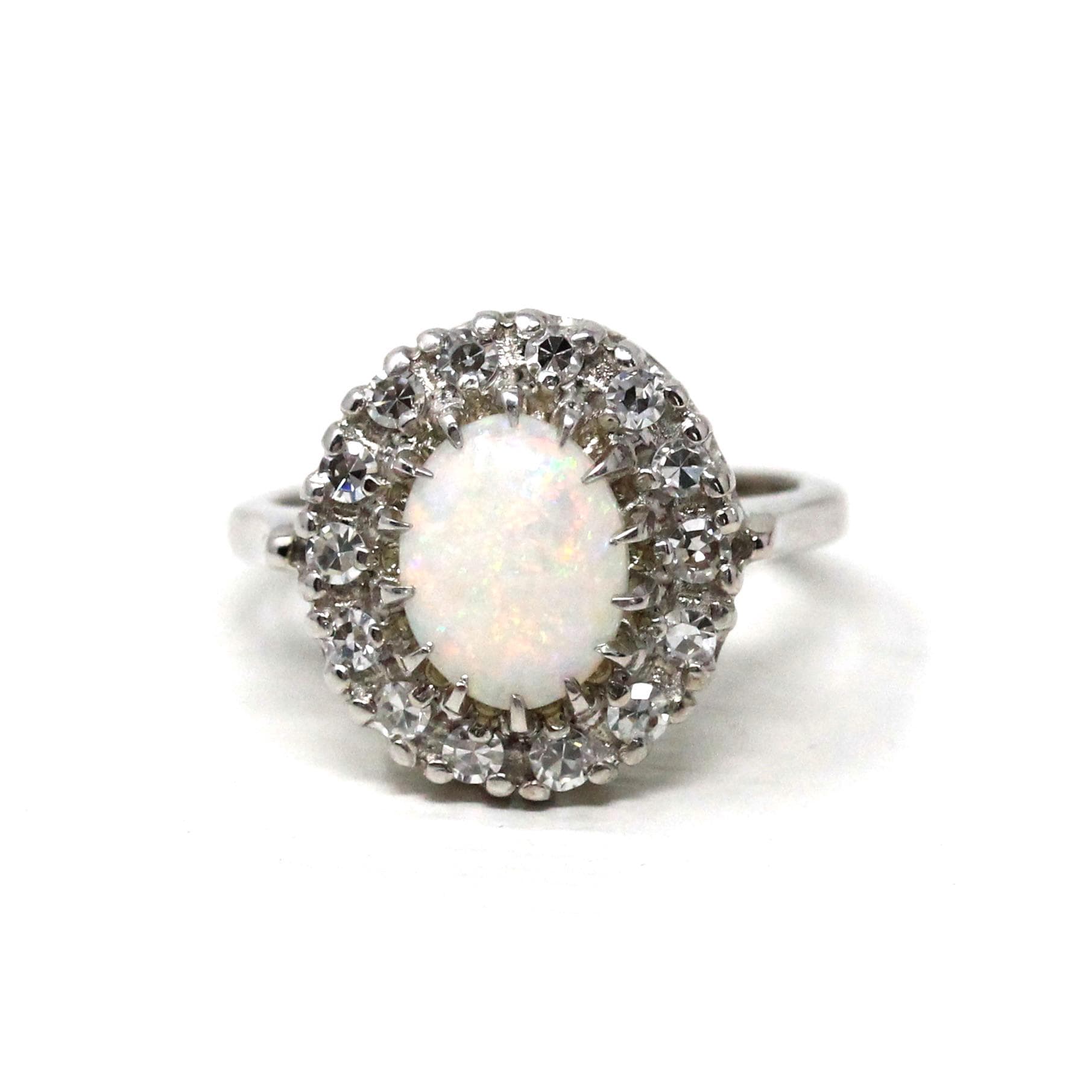 Vintage Opal & Diamond Halo Ring - Mid Century 14k White Gold Natural Gems - Retro Circa 1950s Era Size 6 1/2 Rainbow Cluster Fine Jewelry